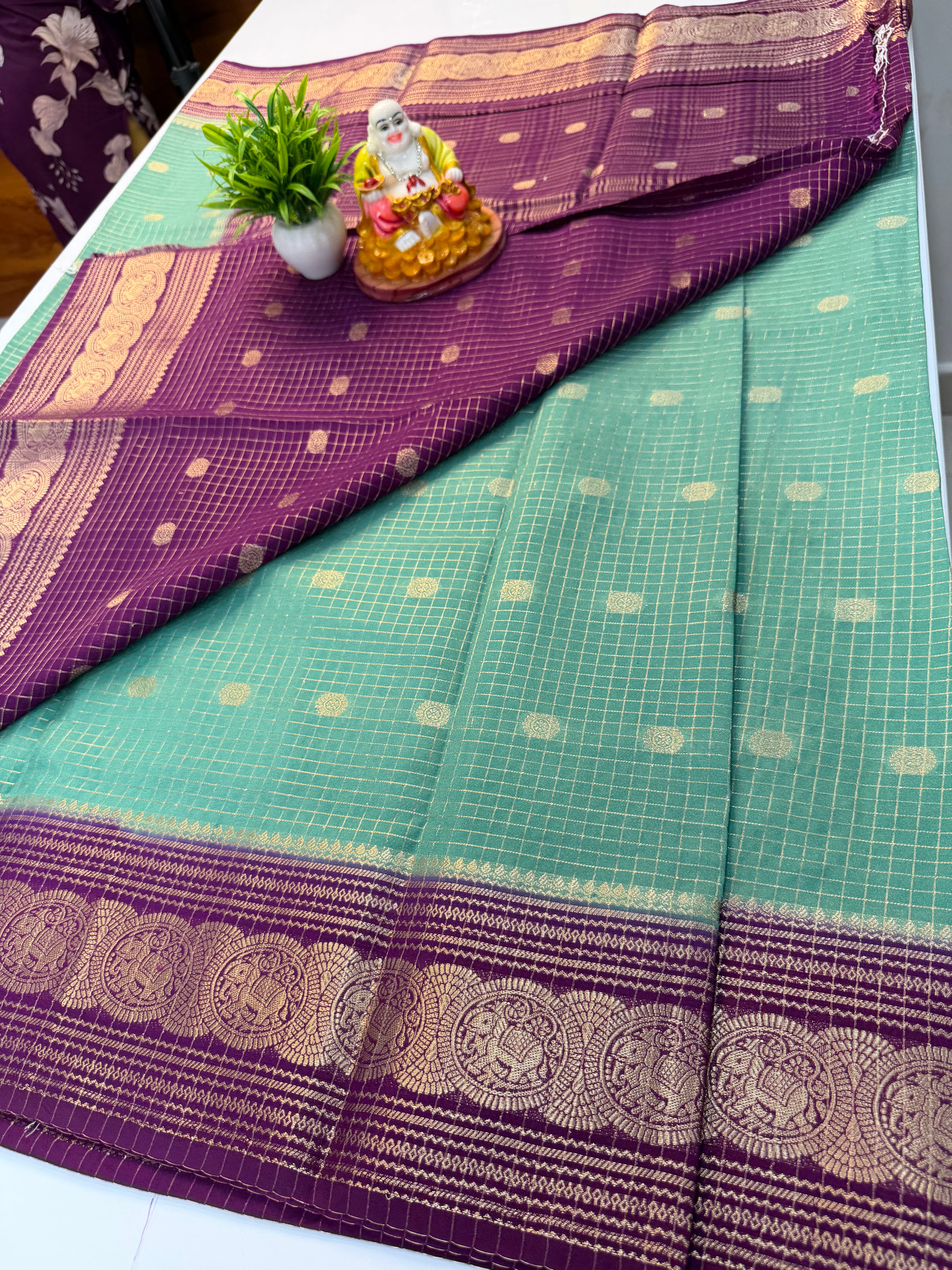 Mysore Crepe Silk Saree with Elephant Border, Checks & Buttas