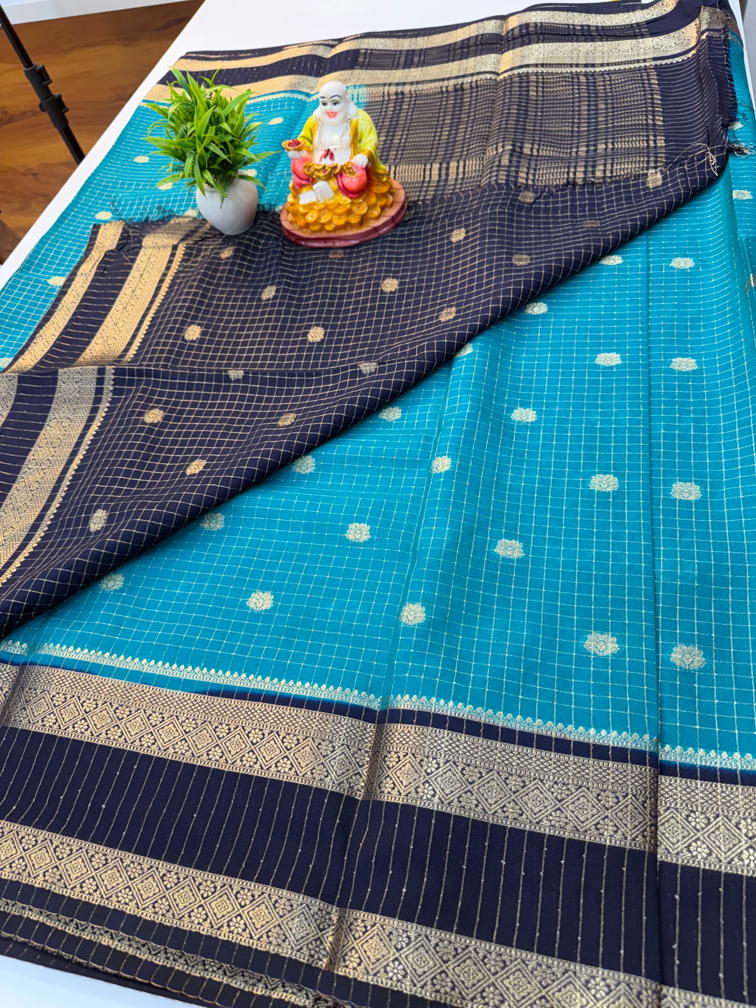 Mysore Crepe Silk Saree with Checks & Buttas