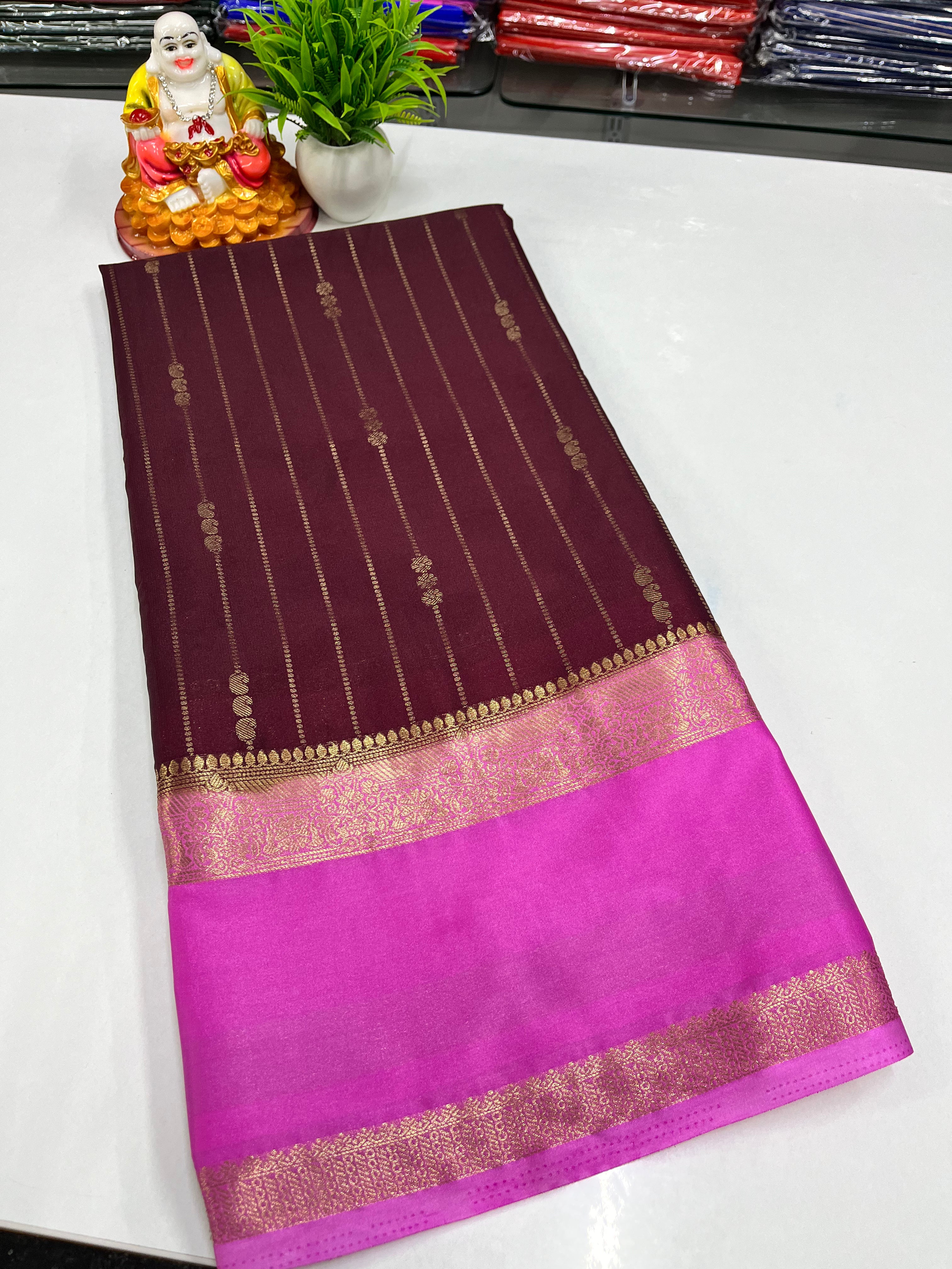 Premium Mysore Crepe Silk Saree with Rich Pallu and butta blouse
