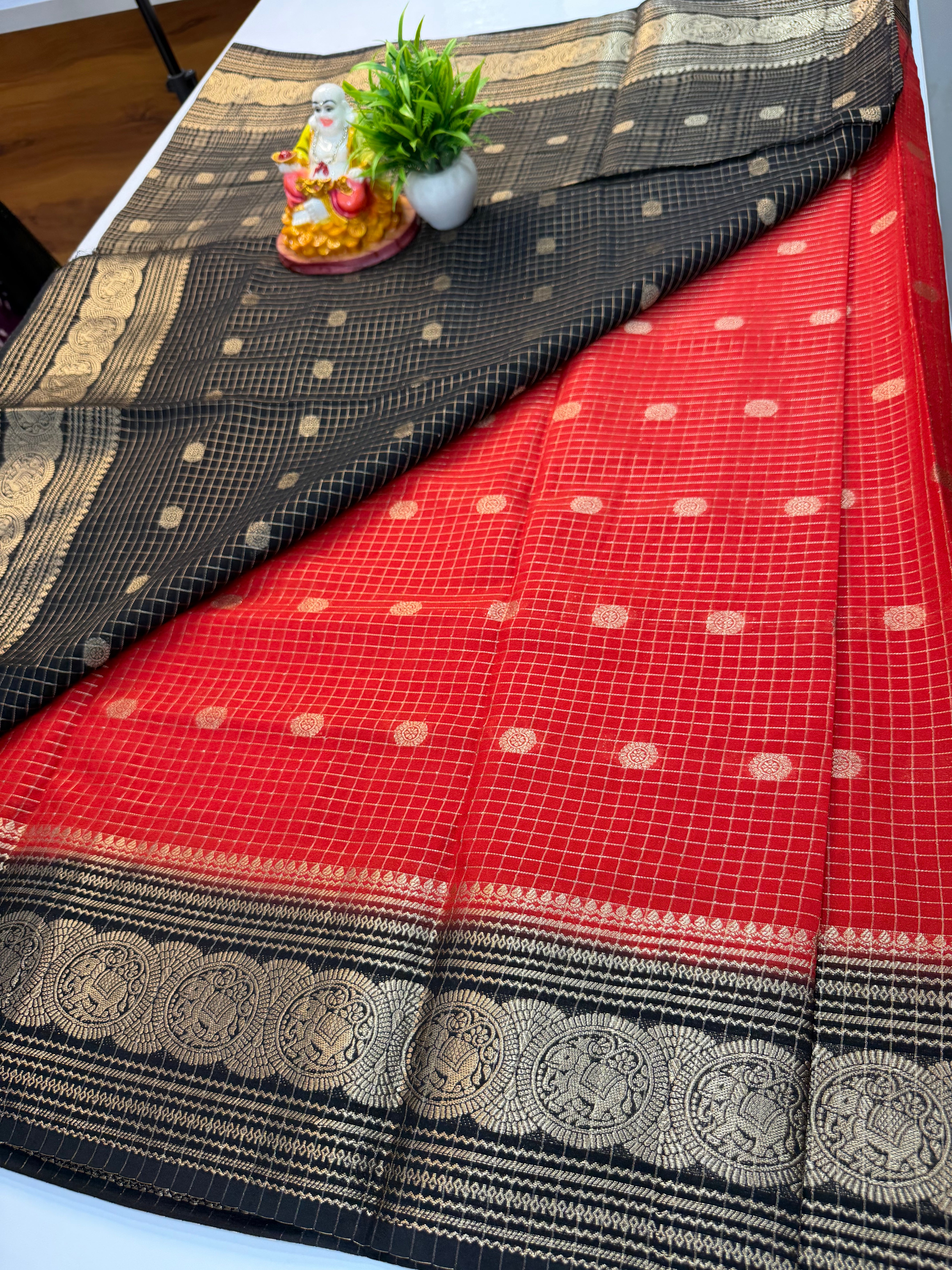 Mysore Crepe Silk Saree with Elephant Border, Checks & Buttas