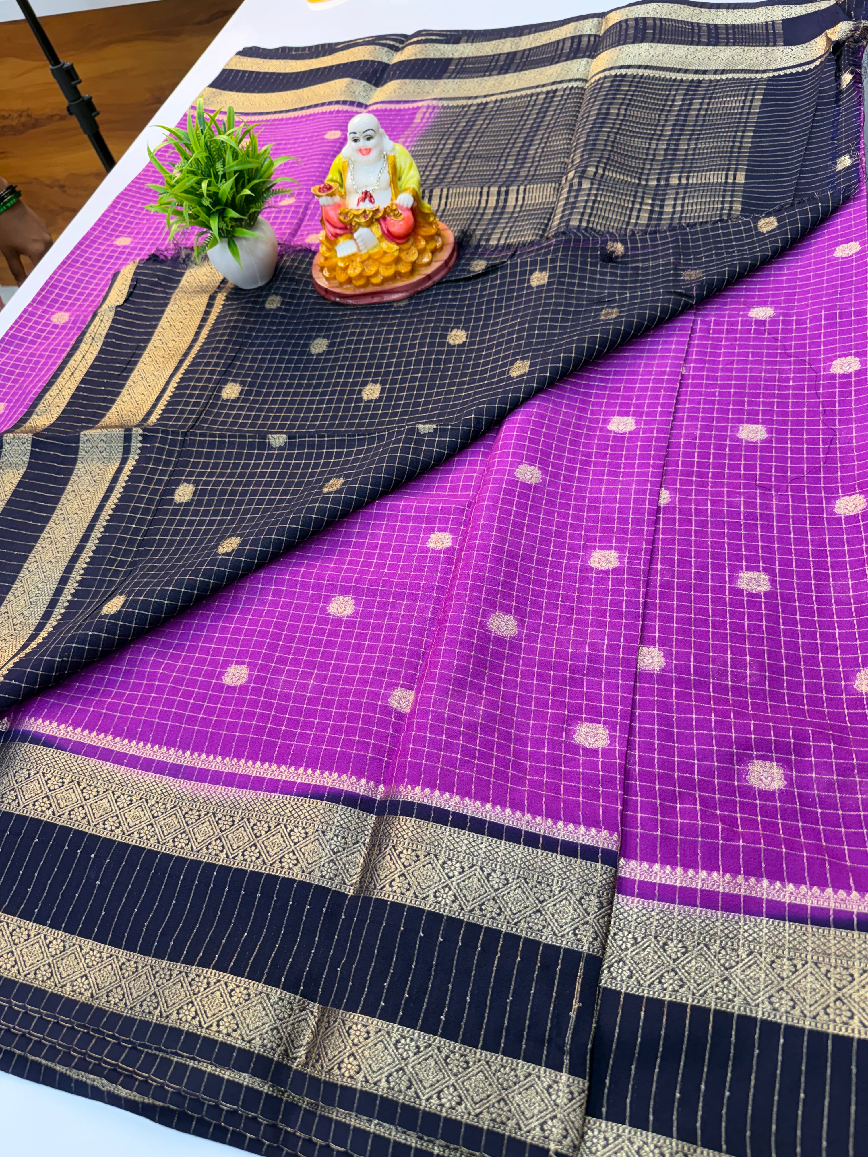 Mysore Crepe Silk Saree with Checks & Buttas