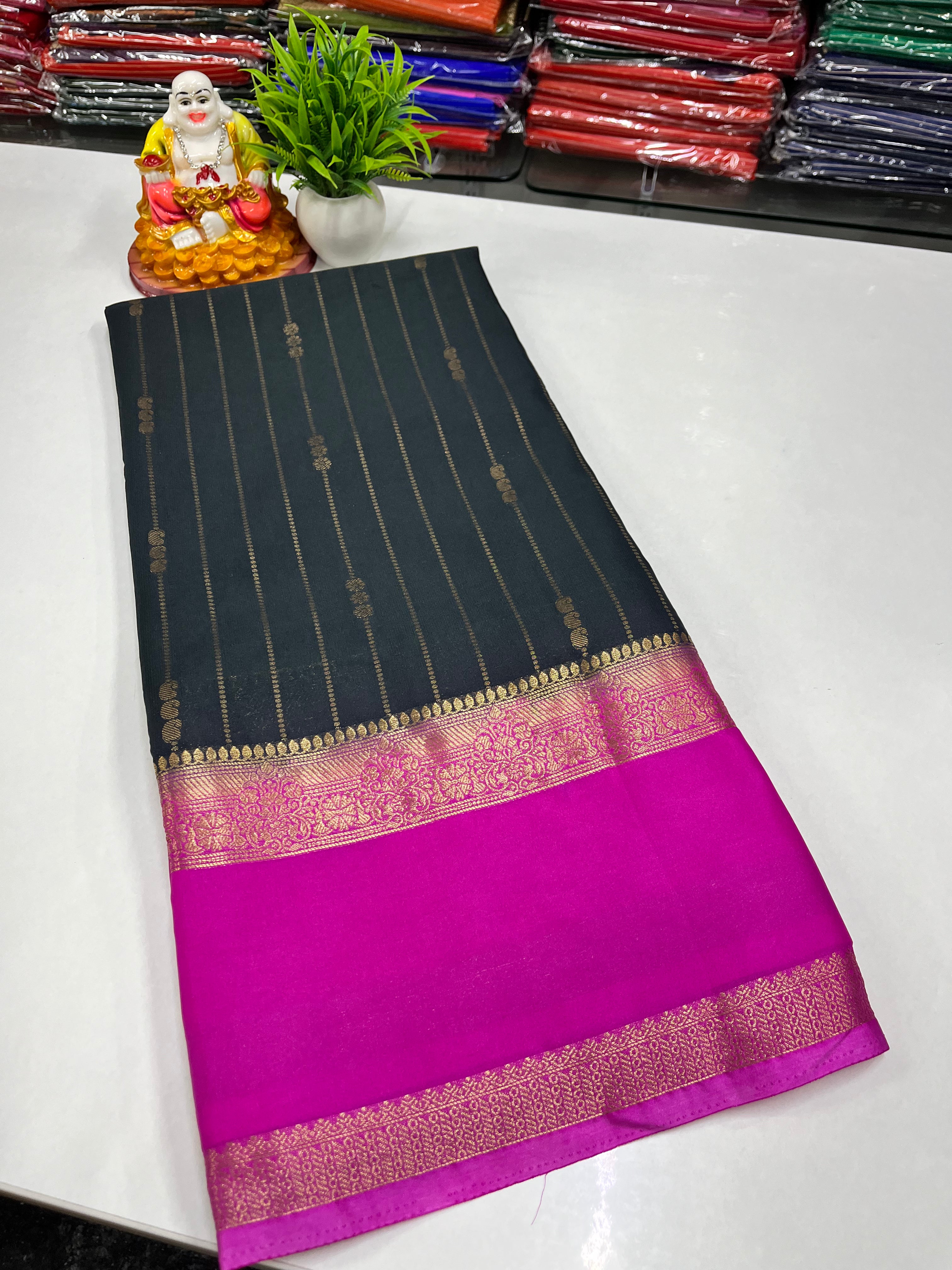 Premium Mysore Crepe Silk Saree with Rich Pallu and butta blouse