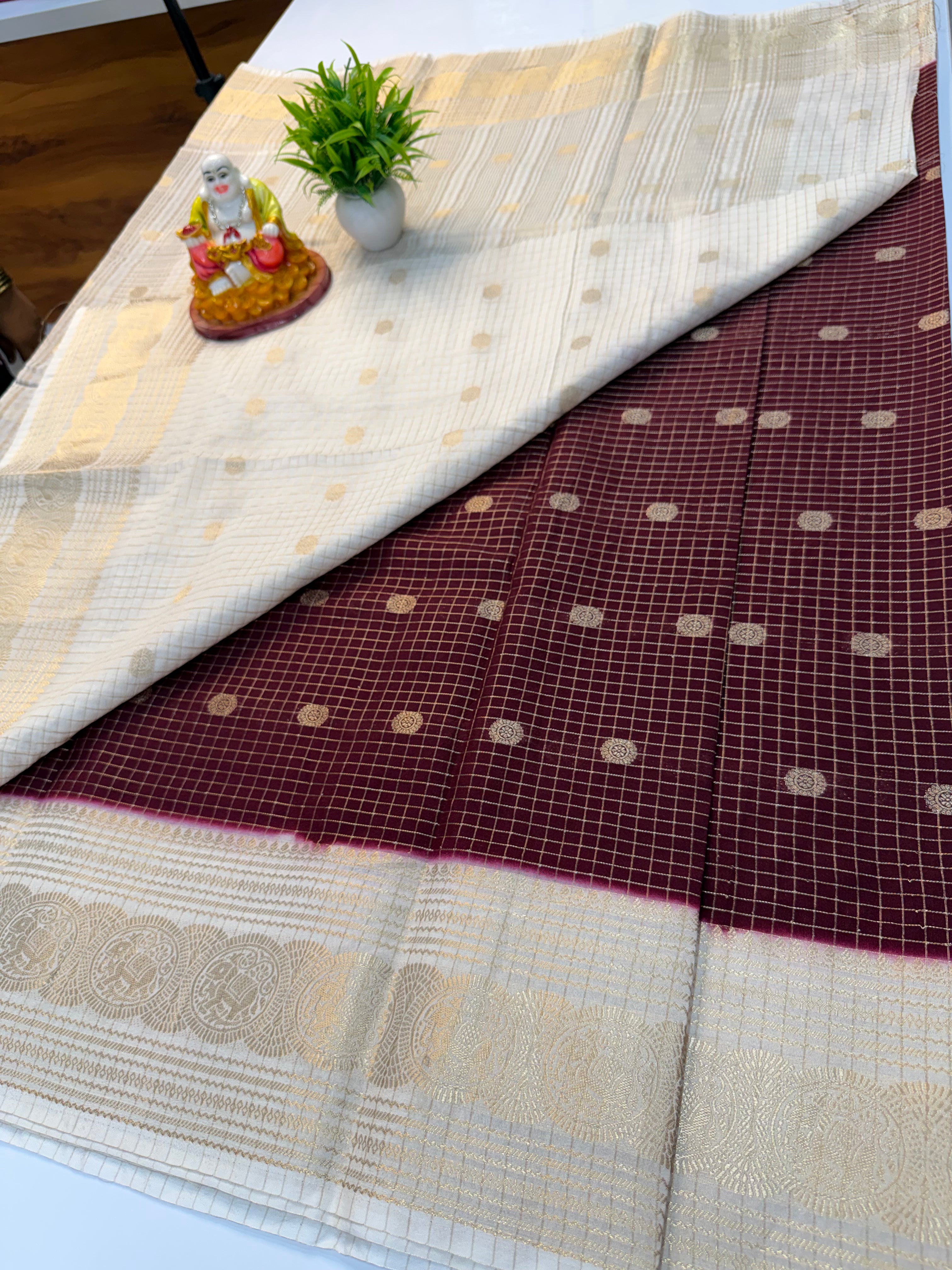 Mysore Crepe Silk Saree with Elephant Border, Checks & Buttas