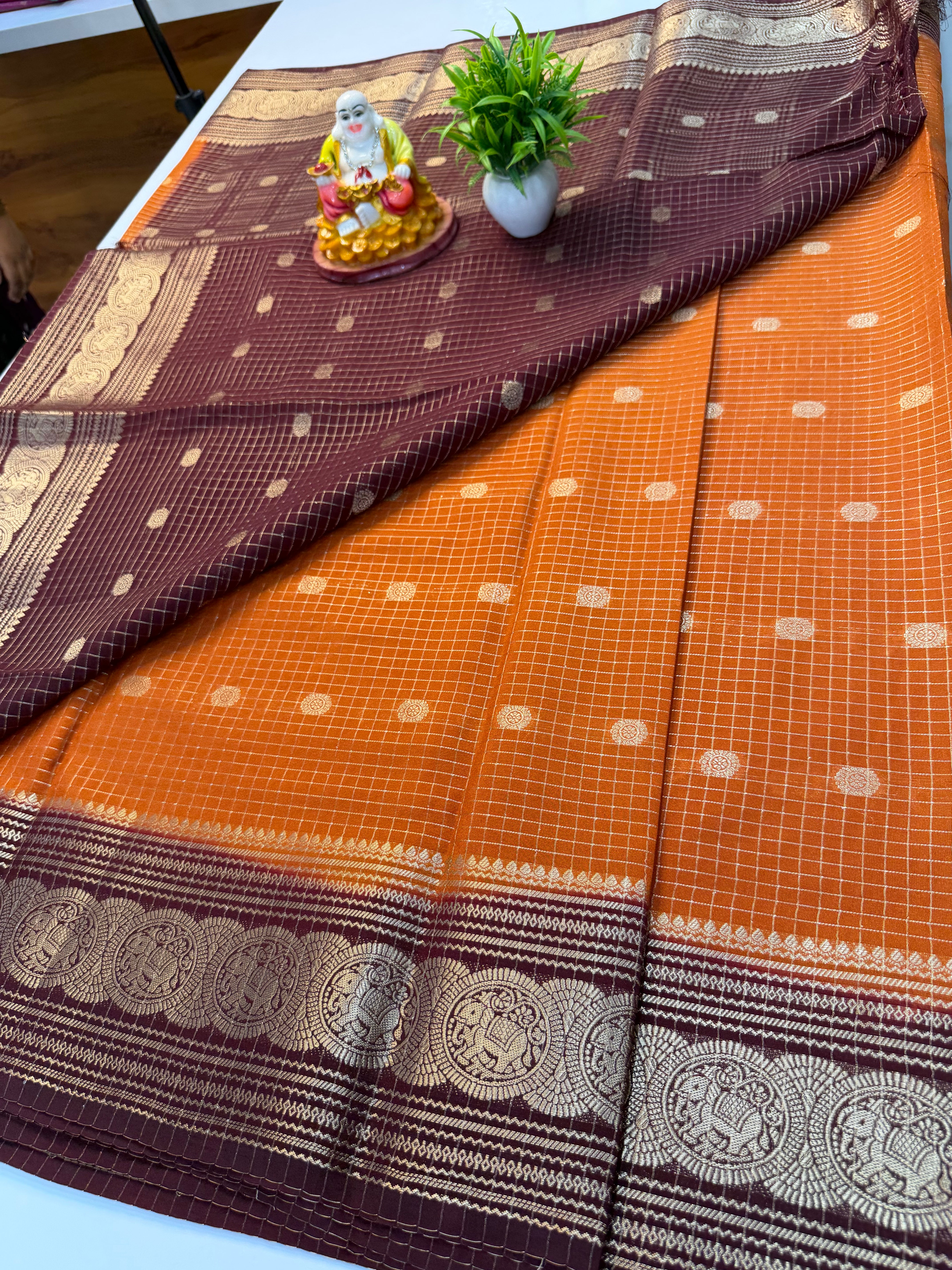 Mysore Crepe Silk Saree with Elephant Border, Checks & Buttas