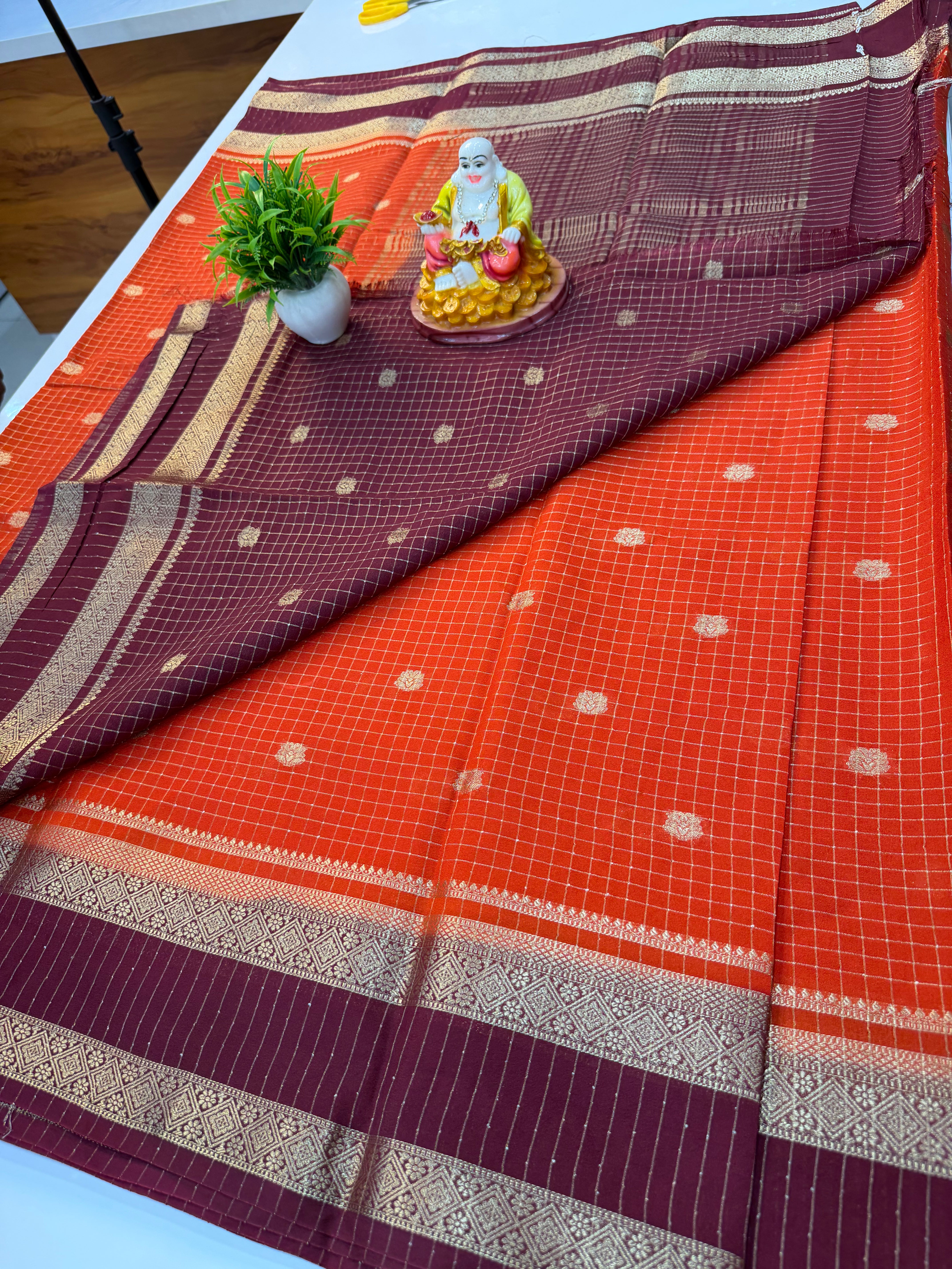 Mysore Crepe Silk Saree with Checks & Buttas