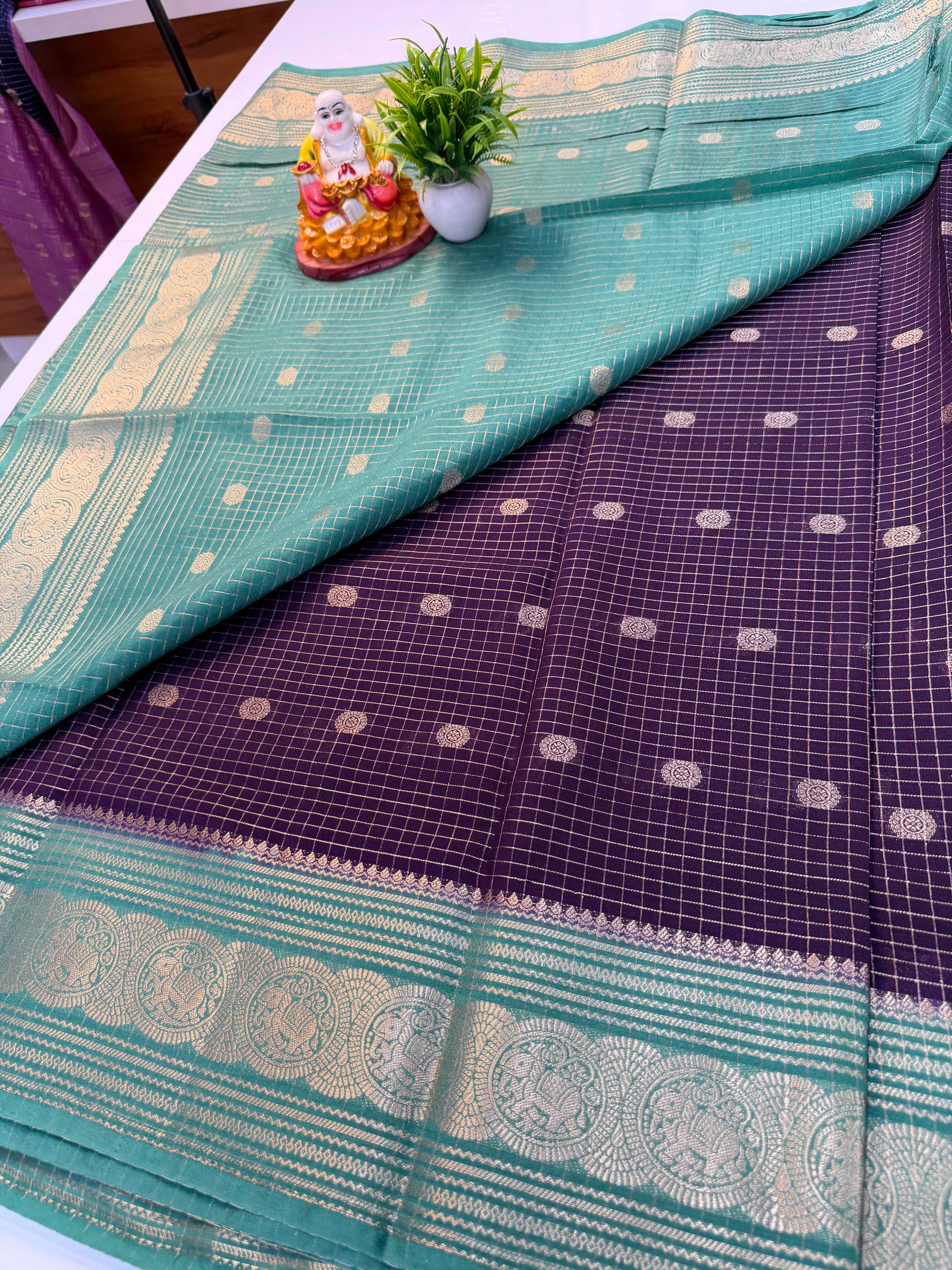 Mysore Crepe Silk Saree with Elephant Border, Checks & Buttas