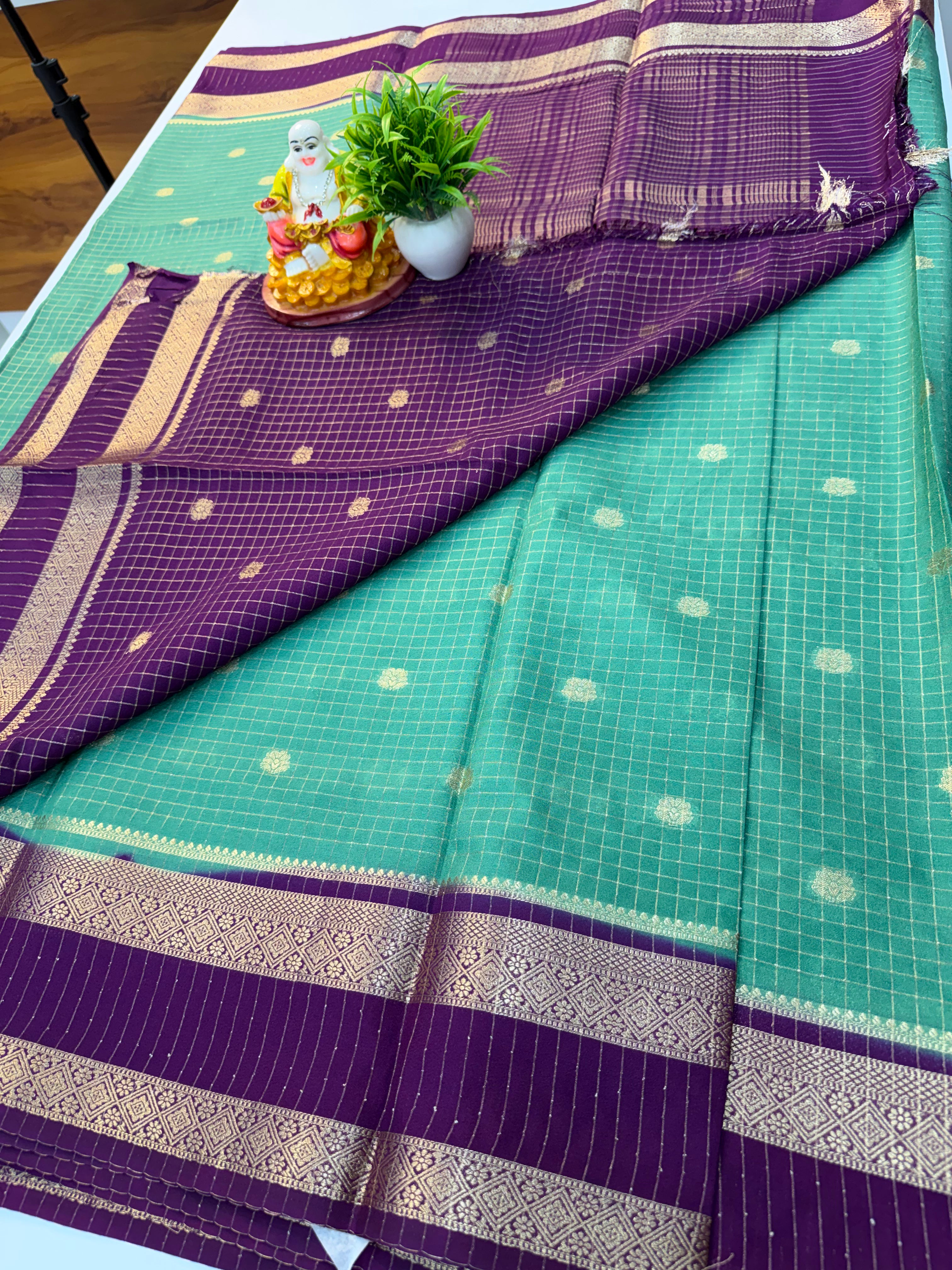 Mysore Crepe Silk Saree with Checks & Buttas