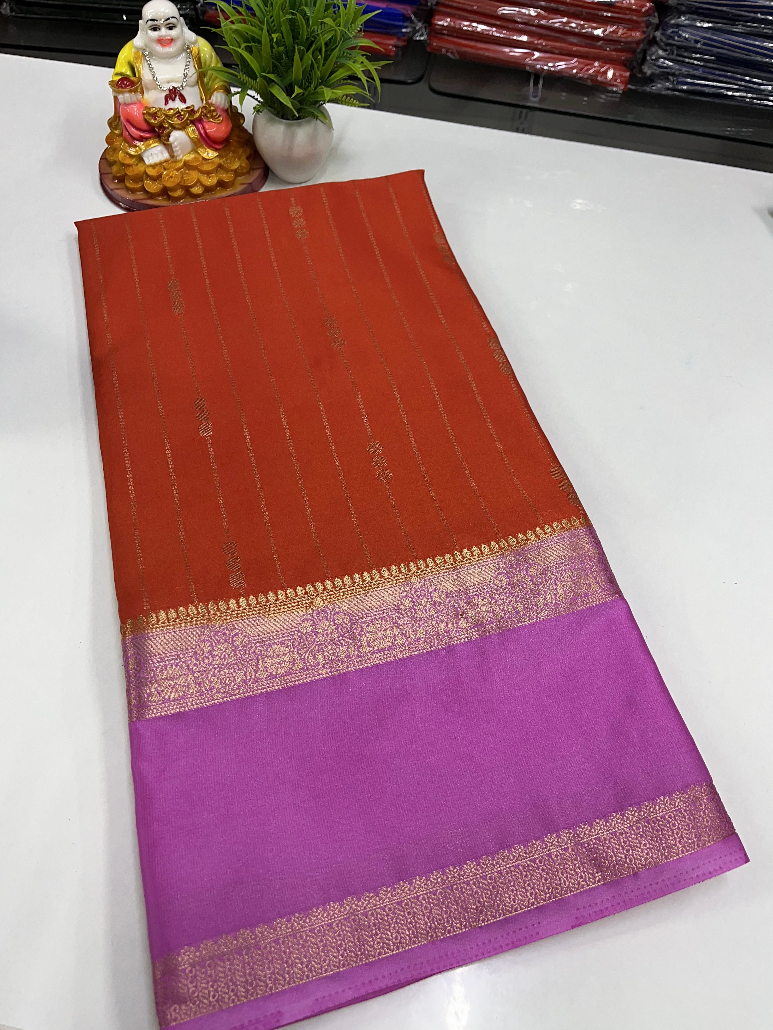 Premium Mysore Crepe Silk Saree with Rich Pallu and butta blouse