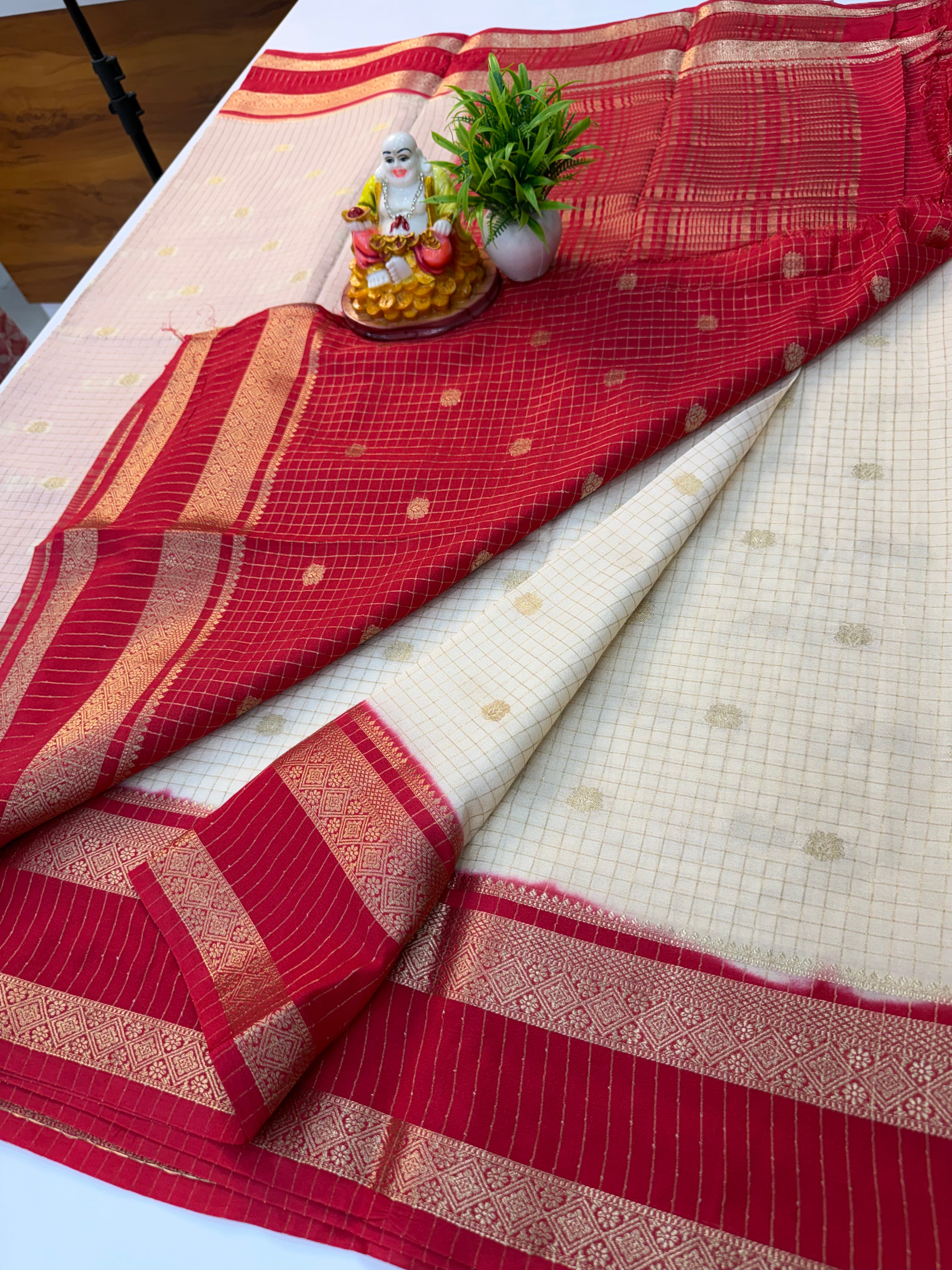 Mysore Crepe Silk Saree with Checks & Buttas