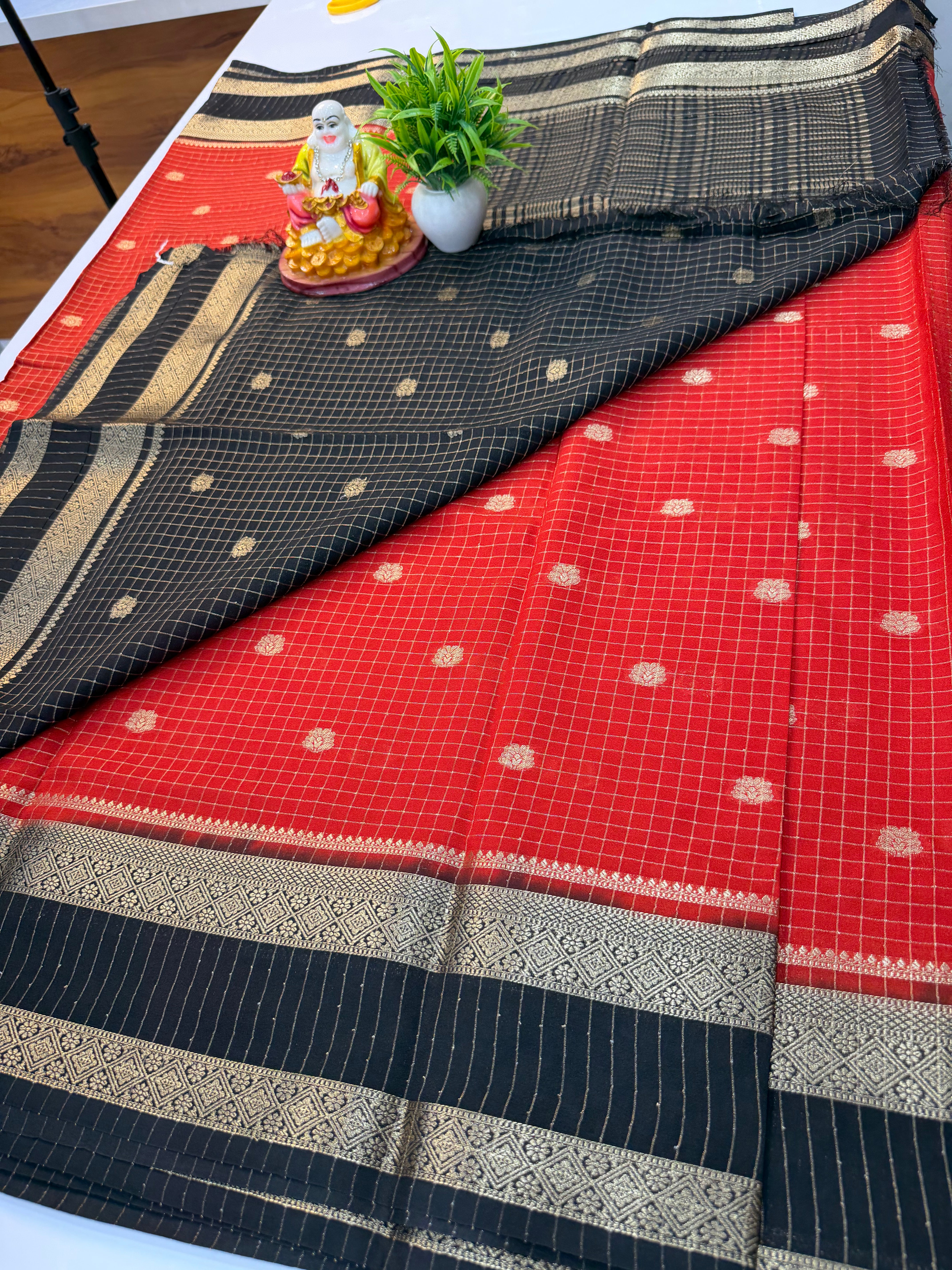 Mysore Crepe Silk Saree with Checks & Buttas