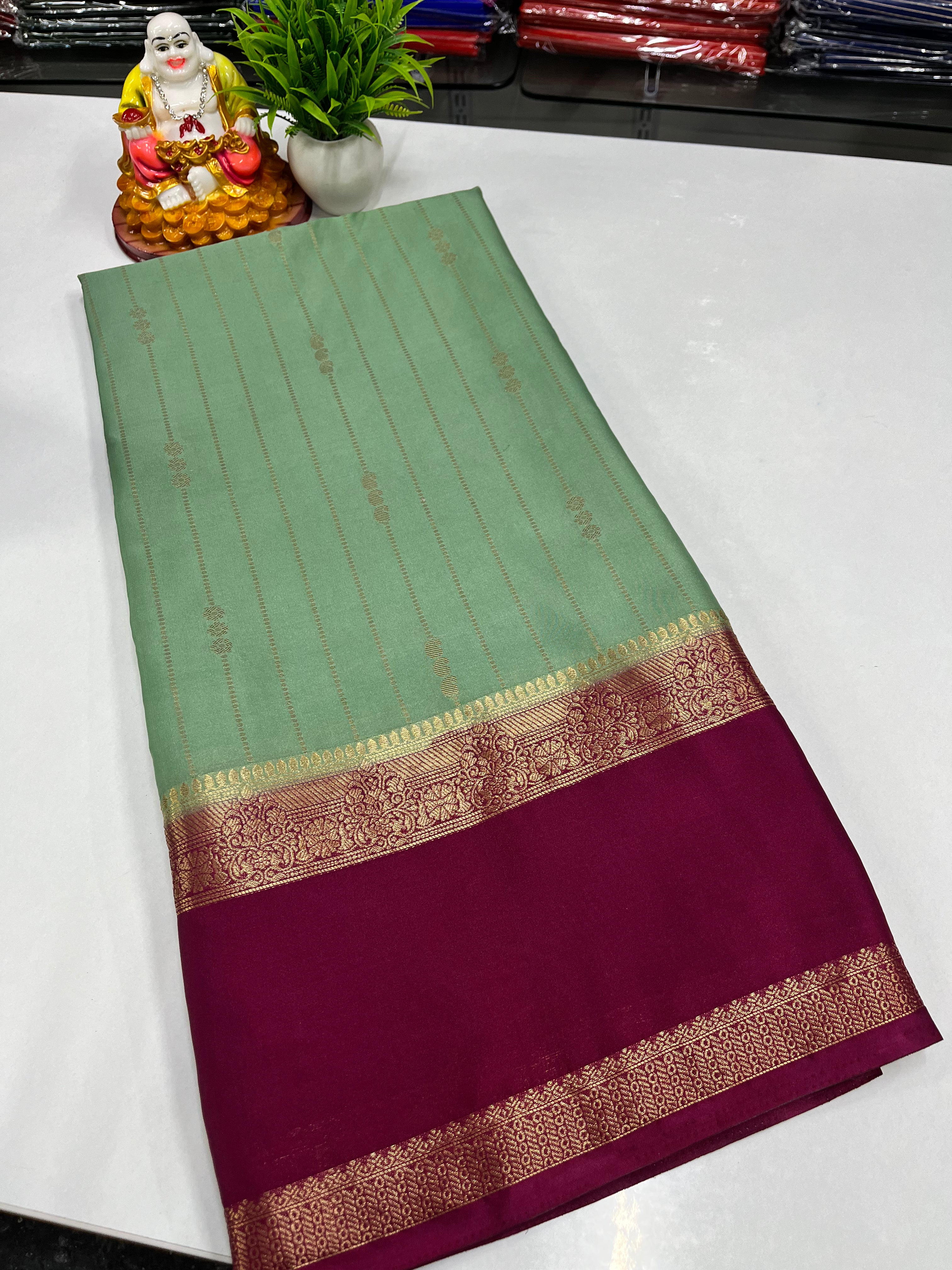 Premium Mysore Crepe Silk Saree with Rich Pallu and butta blouse