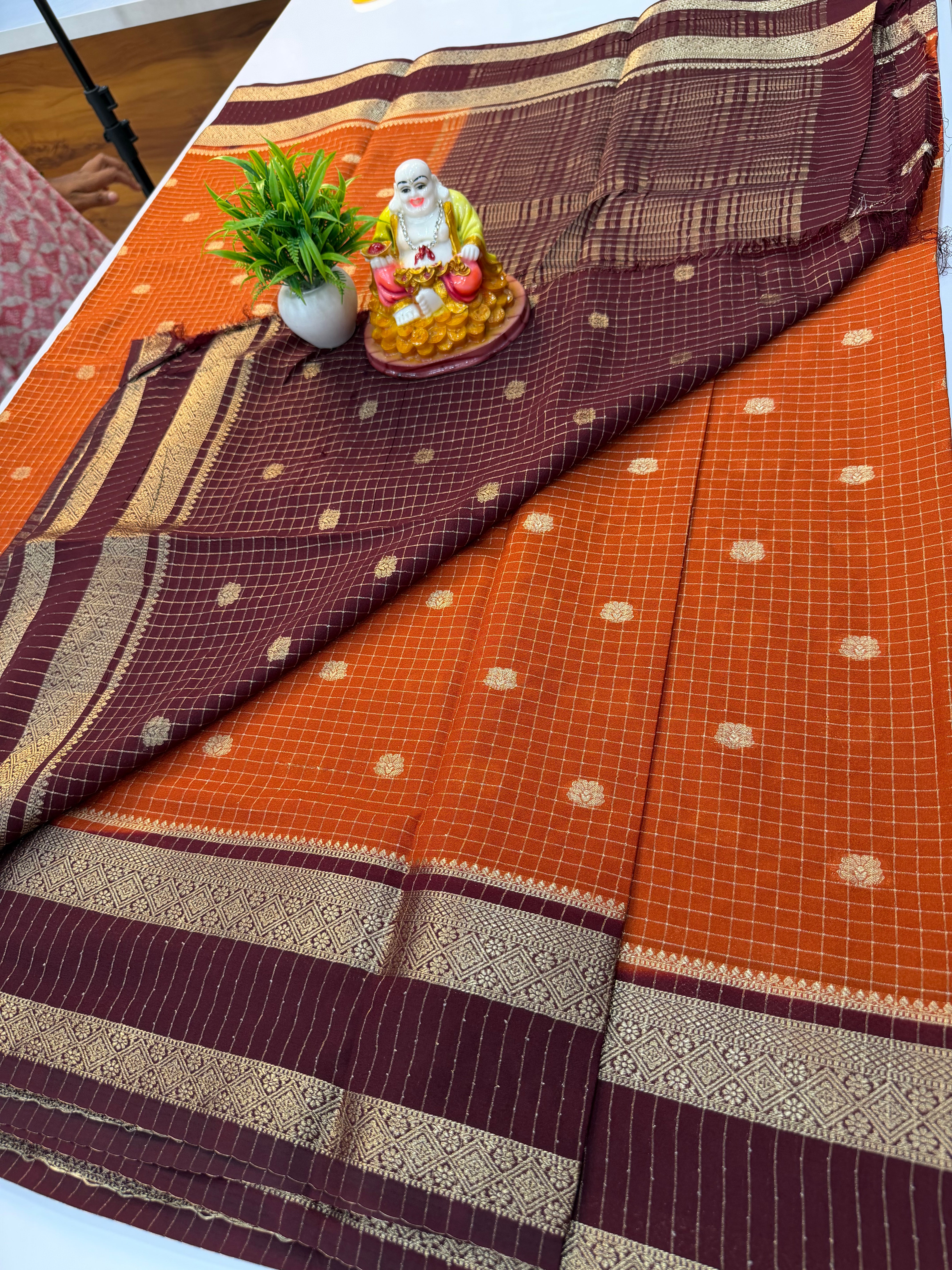 Mysore Crepe Silk Saree with Checks & Buttas