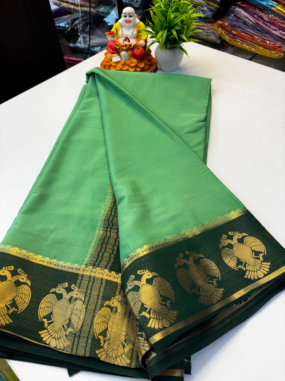 Premium Mysore Crepe Silk Saree with Beautiful Garuda Border – Padmavathi Silks and Sarees