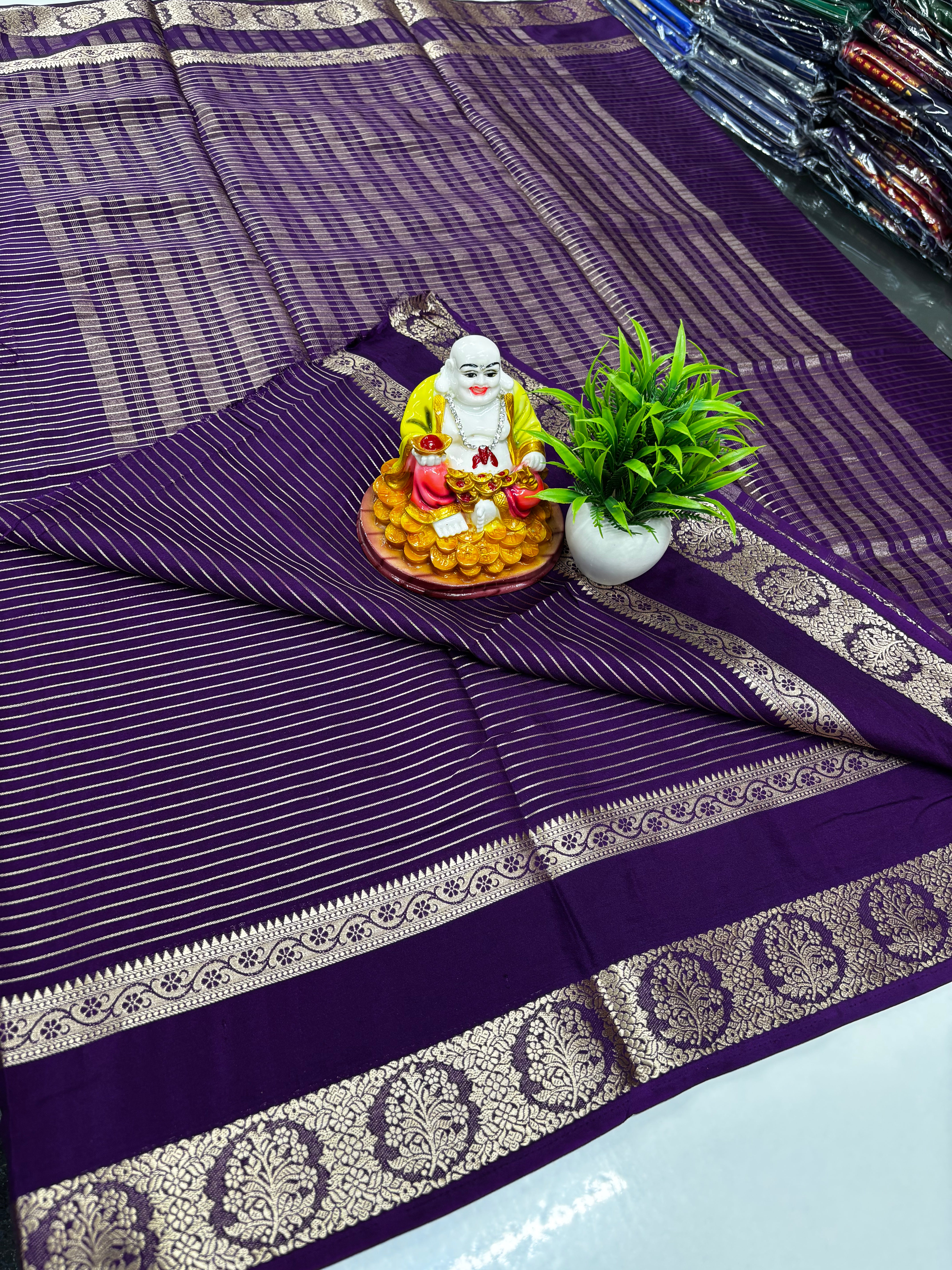 Mysore Crepe Silk Saree with Mango & Peacock Bentex Border