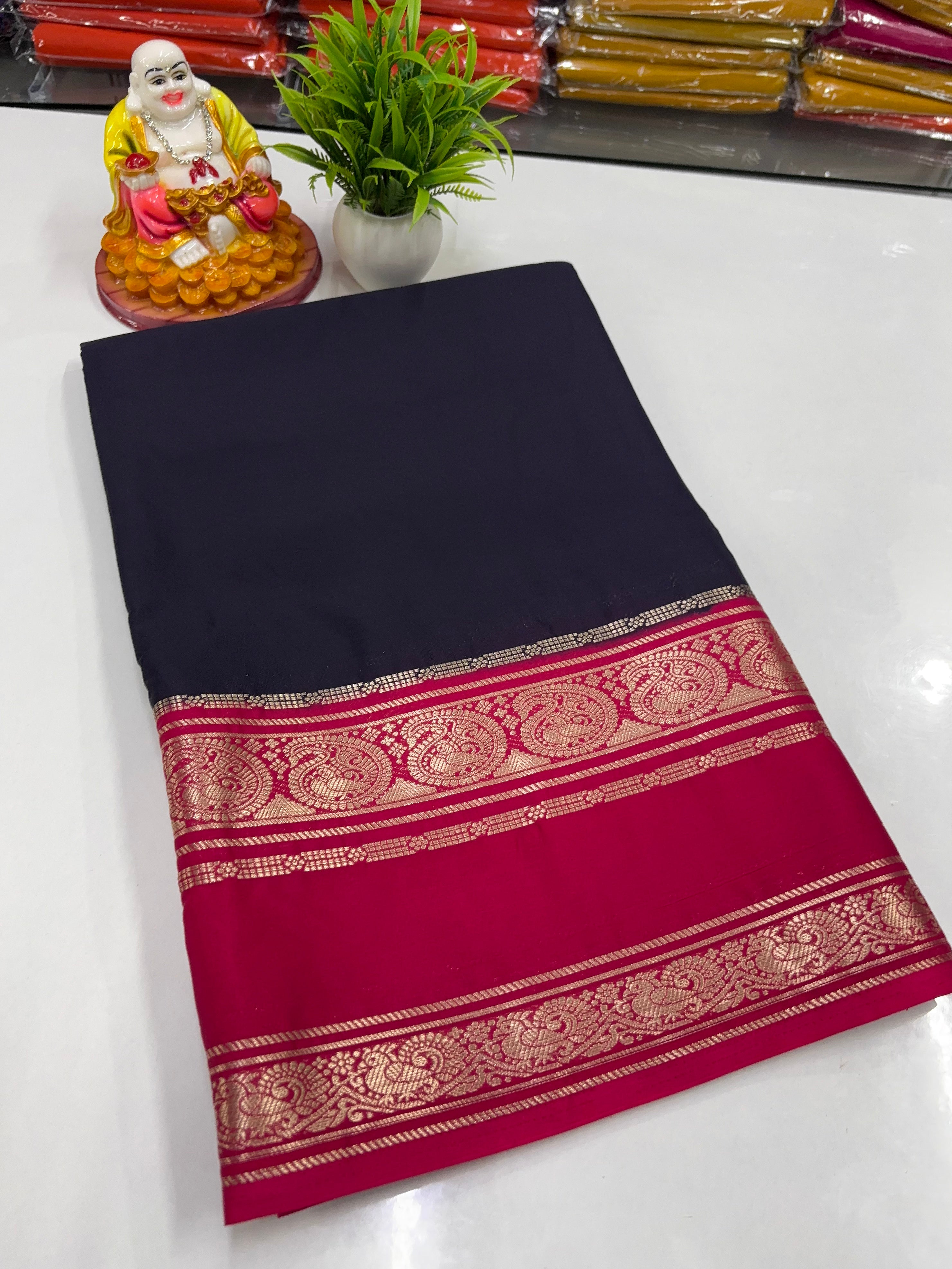 Mysore Crepe Silk Saree with Mango & Peacock Bentex Border