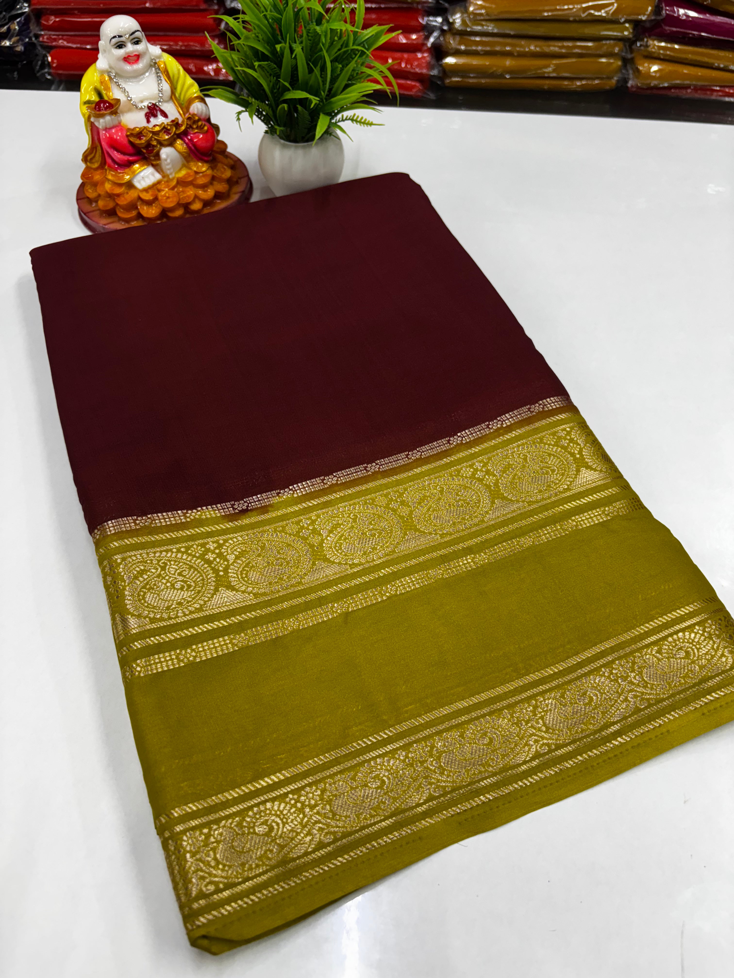 Mysore Crepe Silk Saree with Mango & Peacock Bentex Border