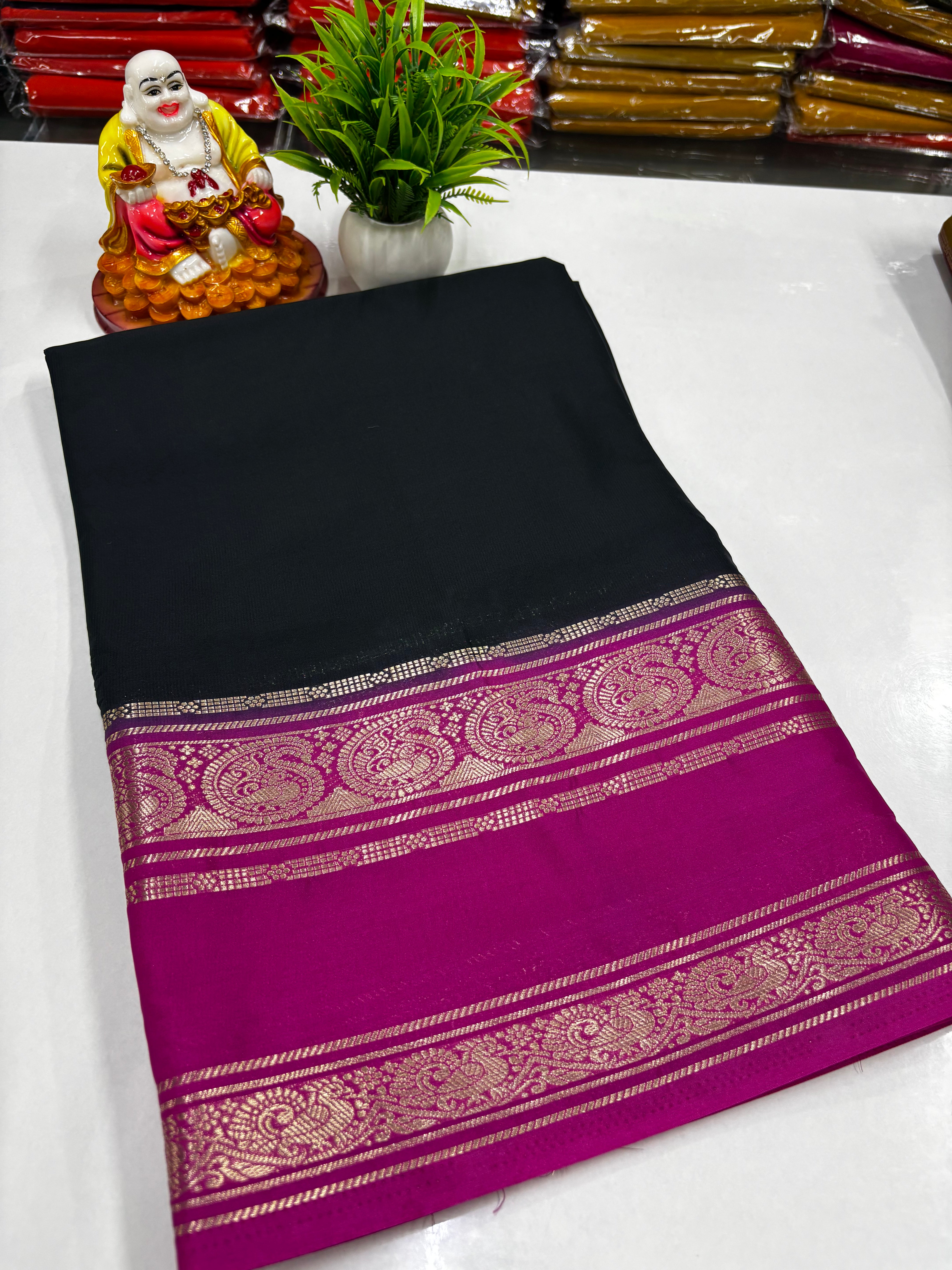 Mysore Crepe Silk Saree with Mango & Peacock Bentex Border