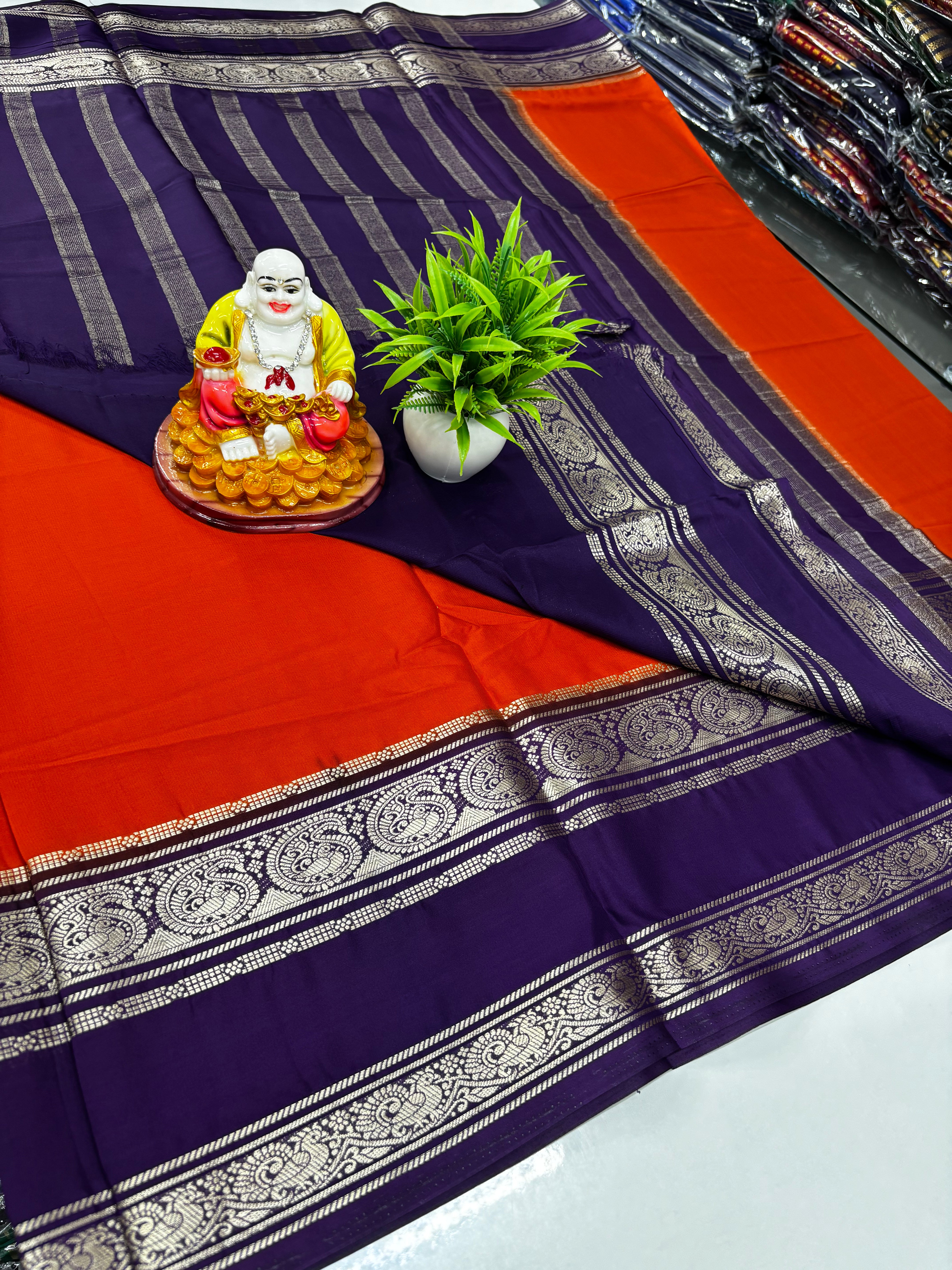 Mysore Crepe Silk Saree with Mango & Peacock Bentex Border