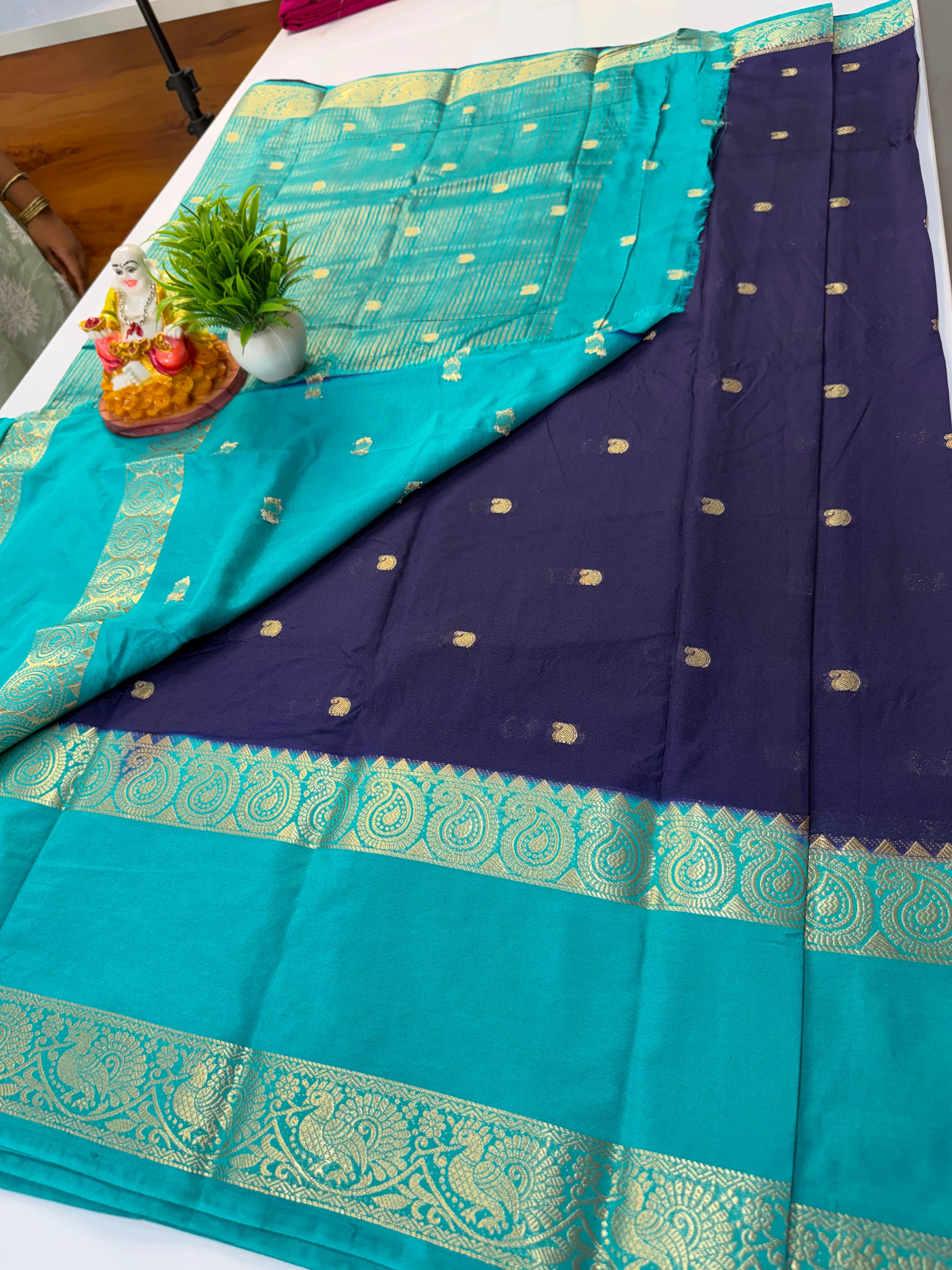 Premium Mysore Crepe Silk Saree with Buttas & Mango Bentex Border | Padmavathi Silks and Sarees