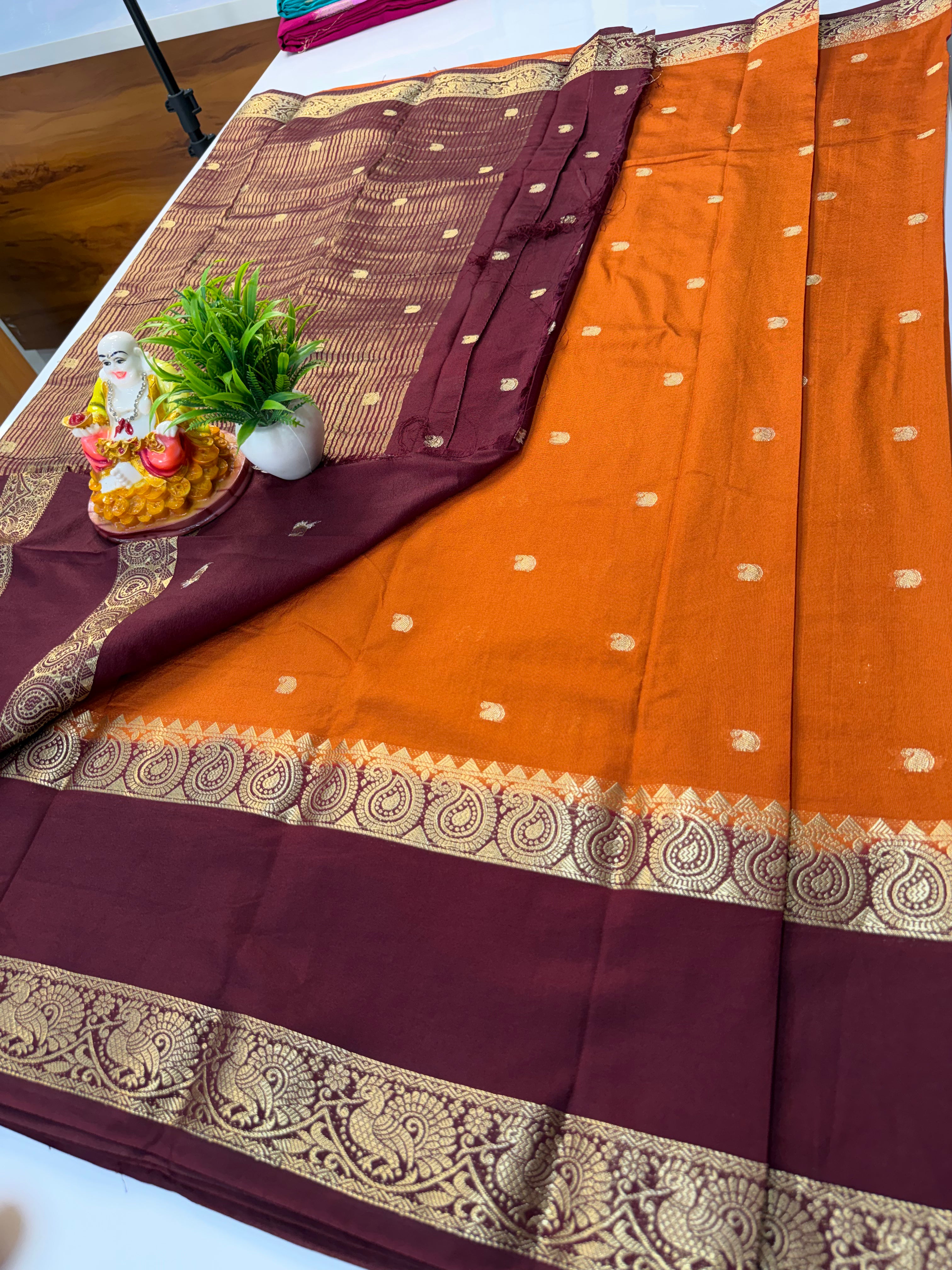 Premium Mysore Crepe Silk Saree with Buttas & Mango Bentex Border | Padmavathi Silks and Sarees