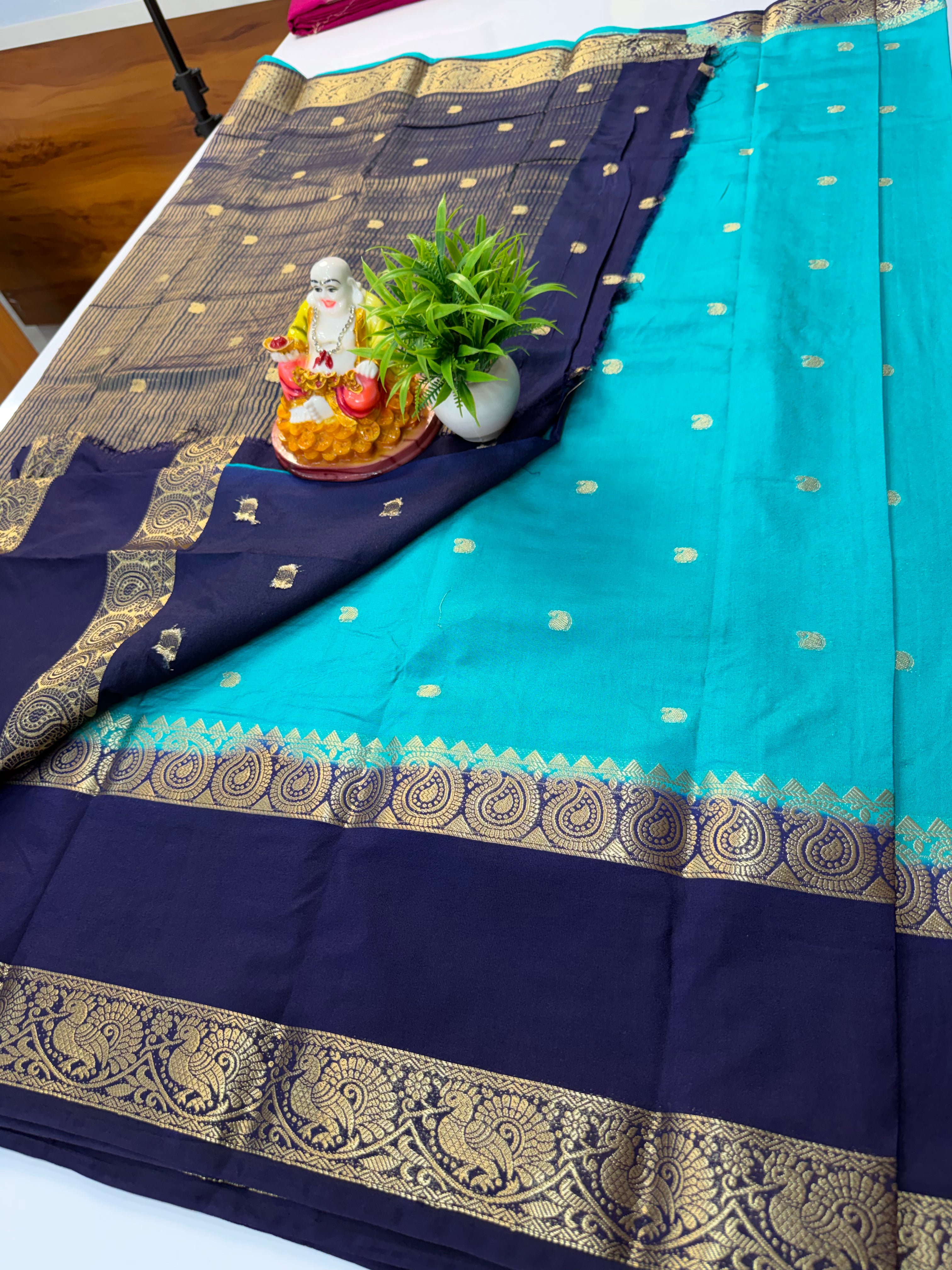 Premium Mysore Crepe Silk Saree with Buttas & Mango Bentex Border | Padmavathi Silks and Sarees