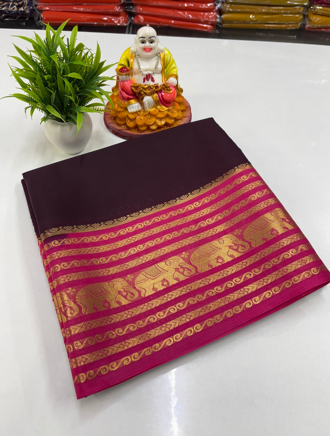 Mysore Crepe Silk Saree with Traditional Elephant Border ✨