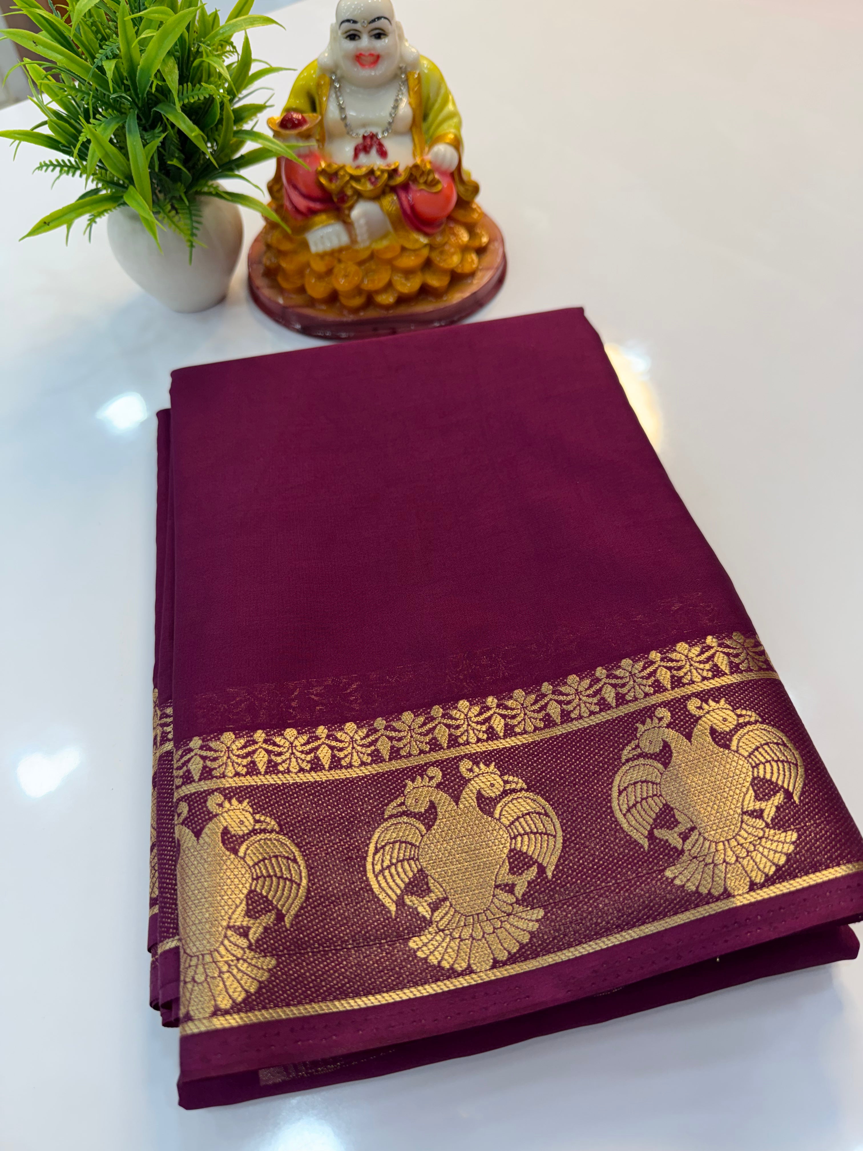 Mysore Crepe Silk Saree with Garuda Border & Chit Pallu