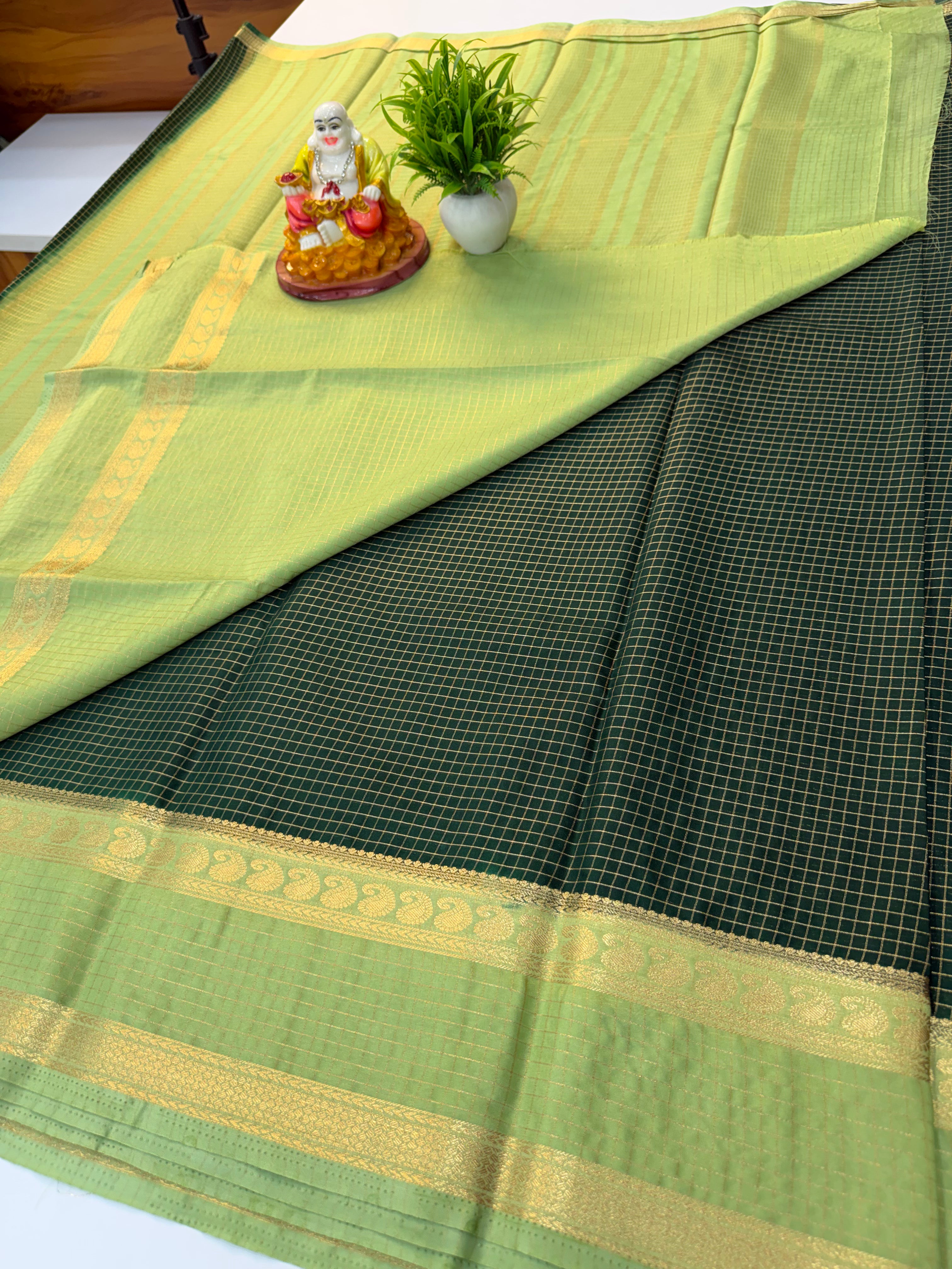 Mysore Crepe Silk Saree with Mango Bentex Border & Checks Pattern