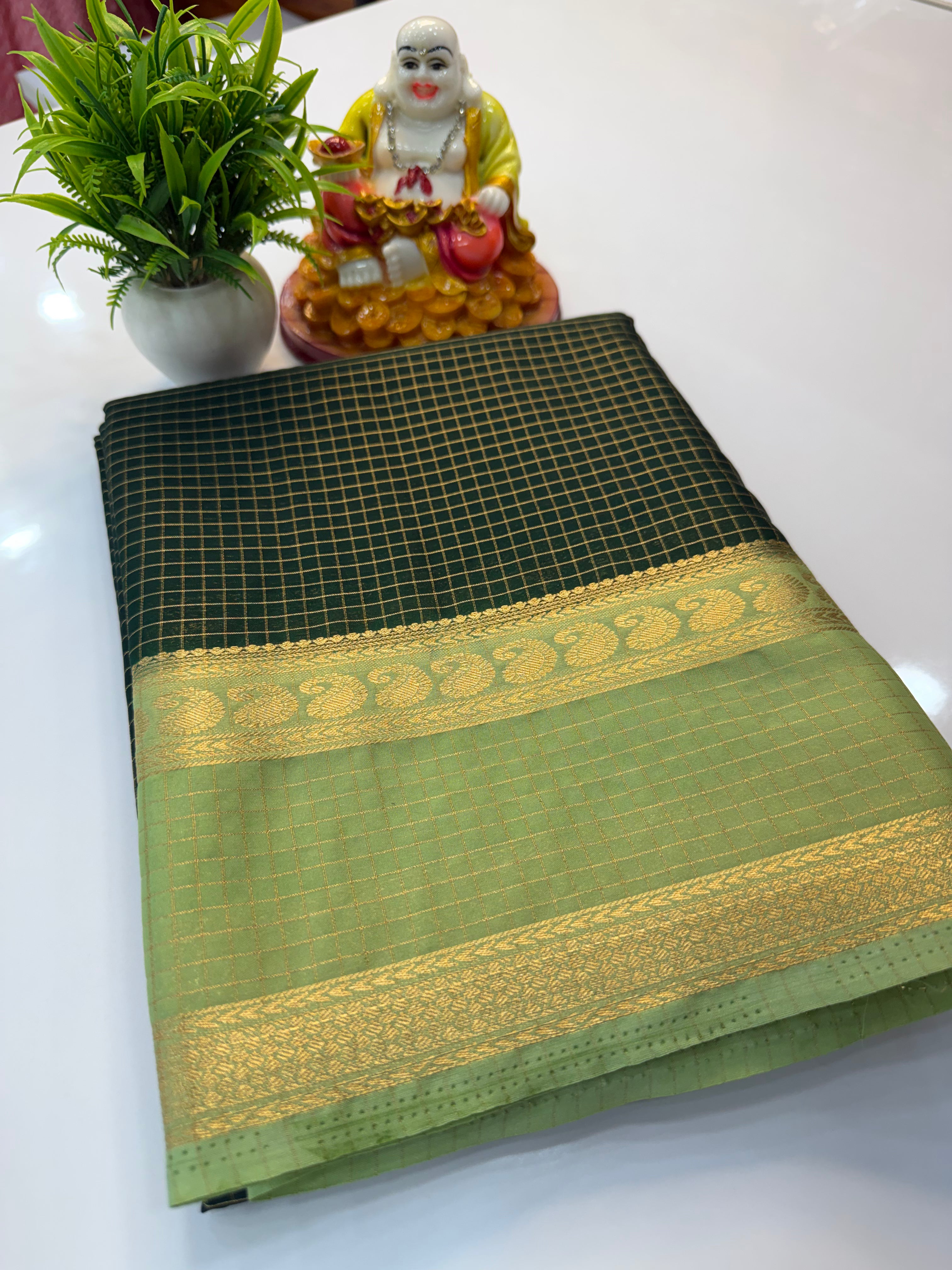Mysore Crepe Silk Saree with Mango Bentex Border & Checks Pattern