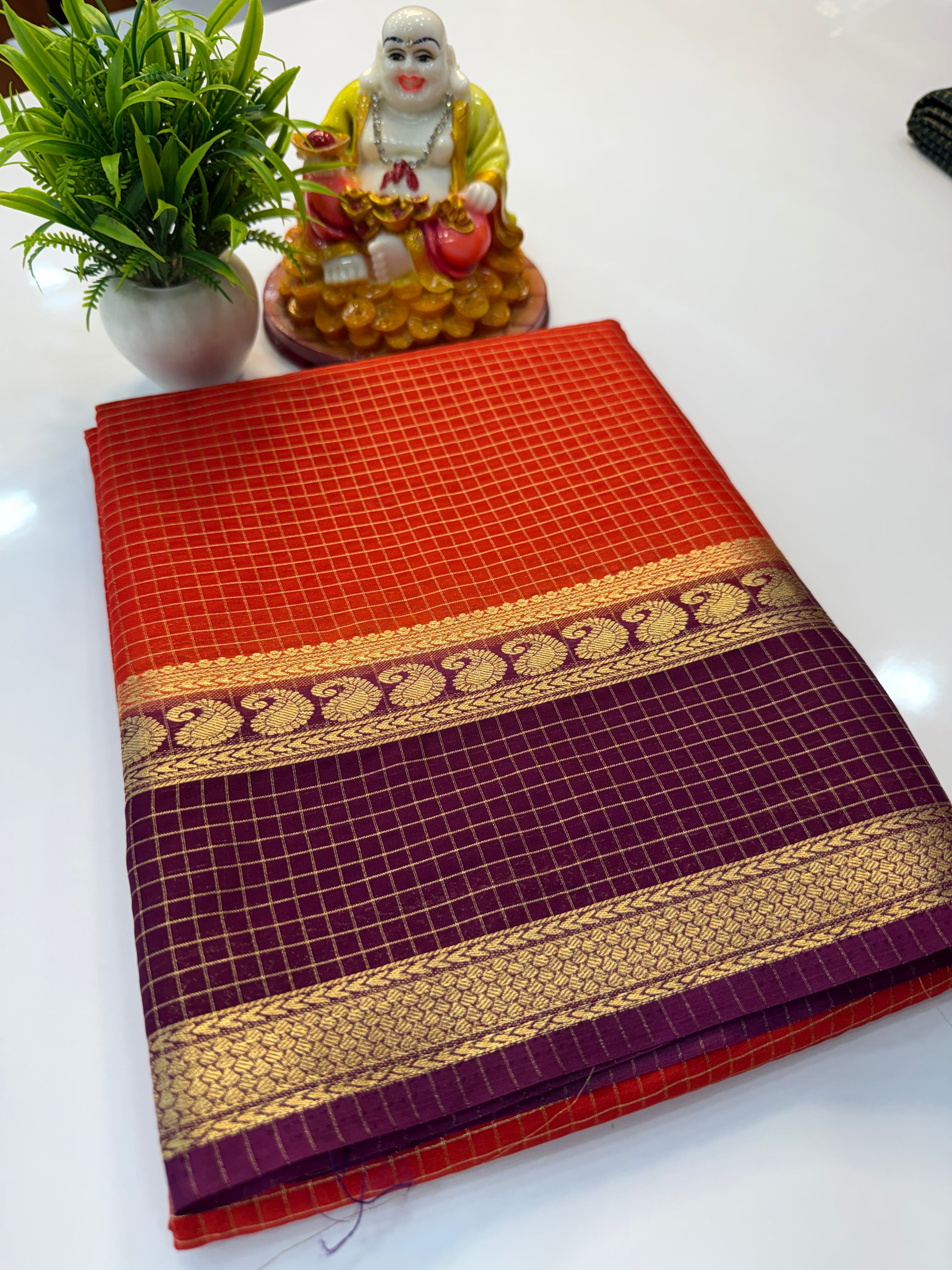 Mysore Crepe Silk Saree with Mango Bentex Border & Checks Pattern