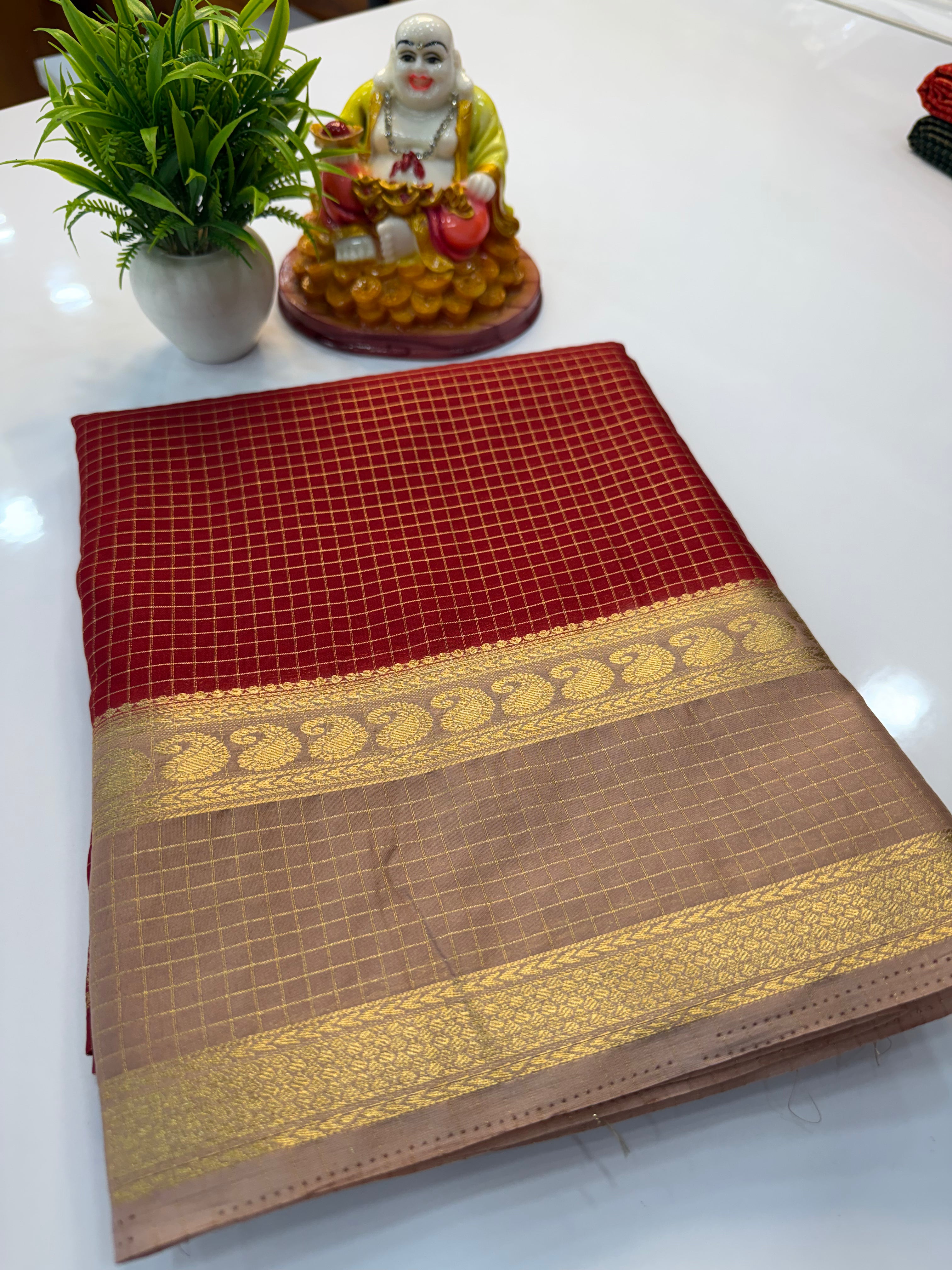 Mysore Crepe Silk Saree with Mango Bentex Border & Checks Pattern