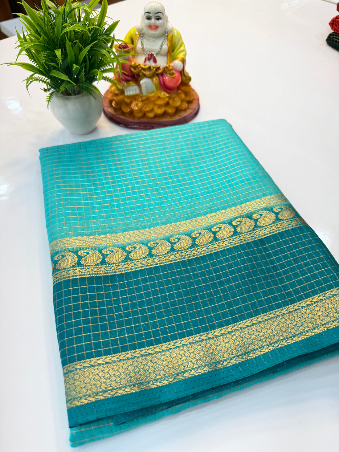 Mysore Crepe Silk Saree with Mango Bentex Border & Checks Pattern