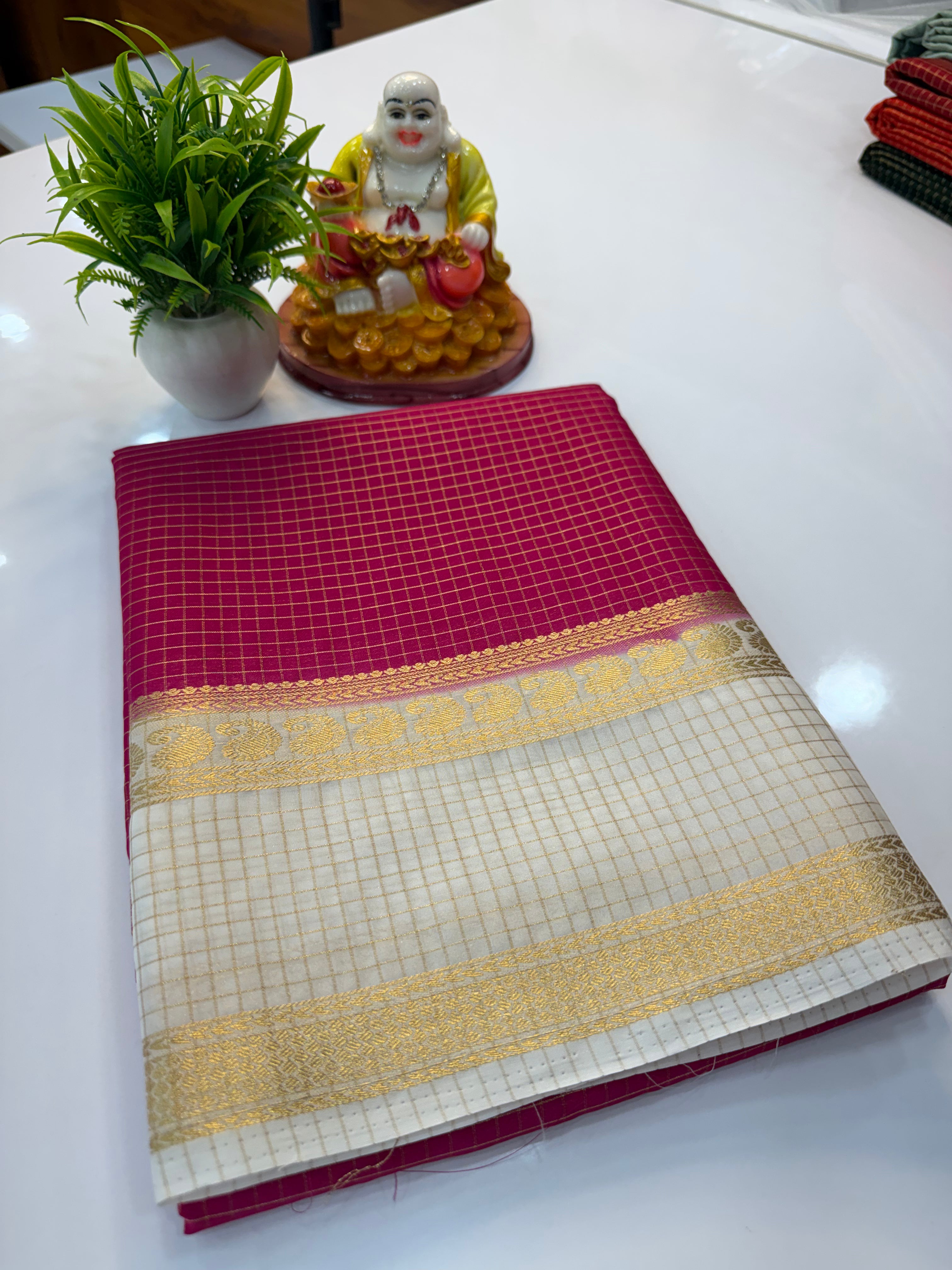 Mysore Crepe Silk Saree with Mango Bentex Border & Checks Pattern