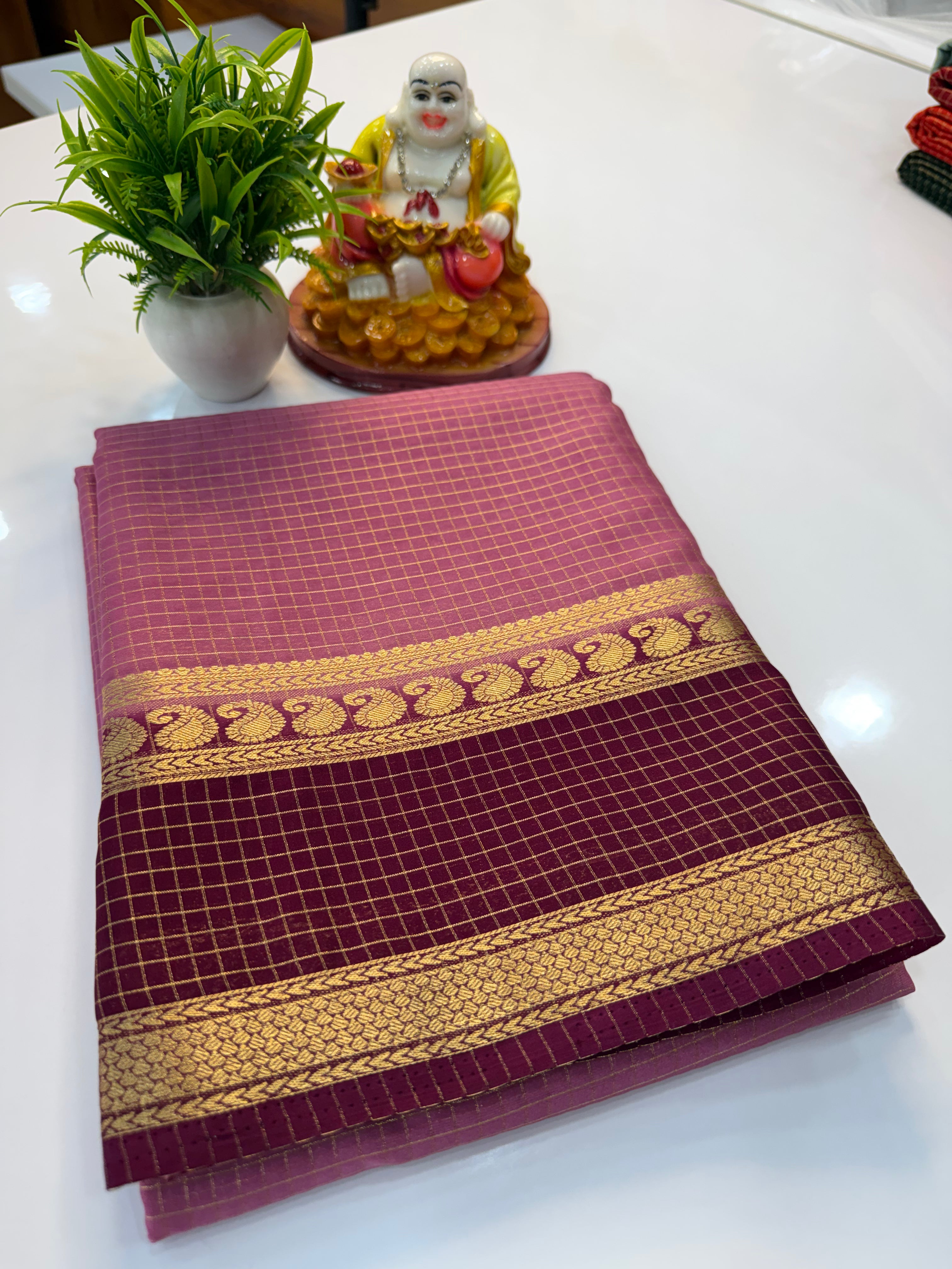 Mysore Crepe Silk Saree with Mango Bentex Border & Checks Pattern