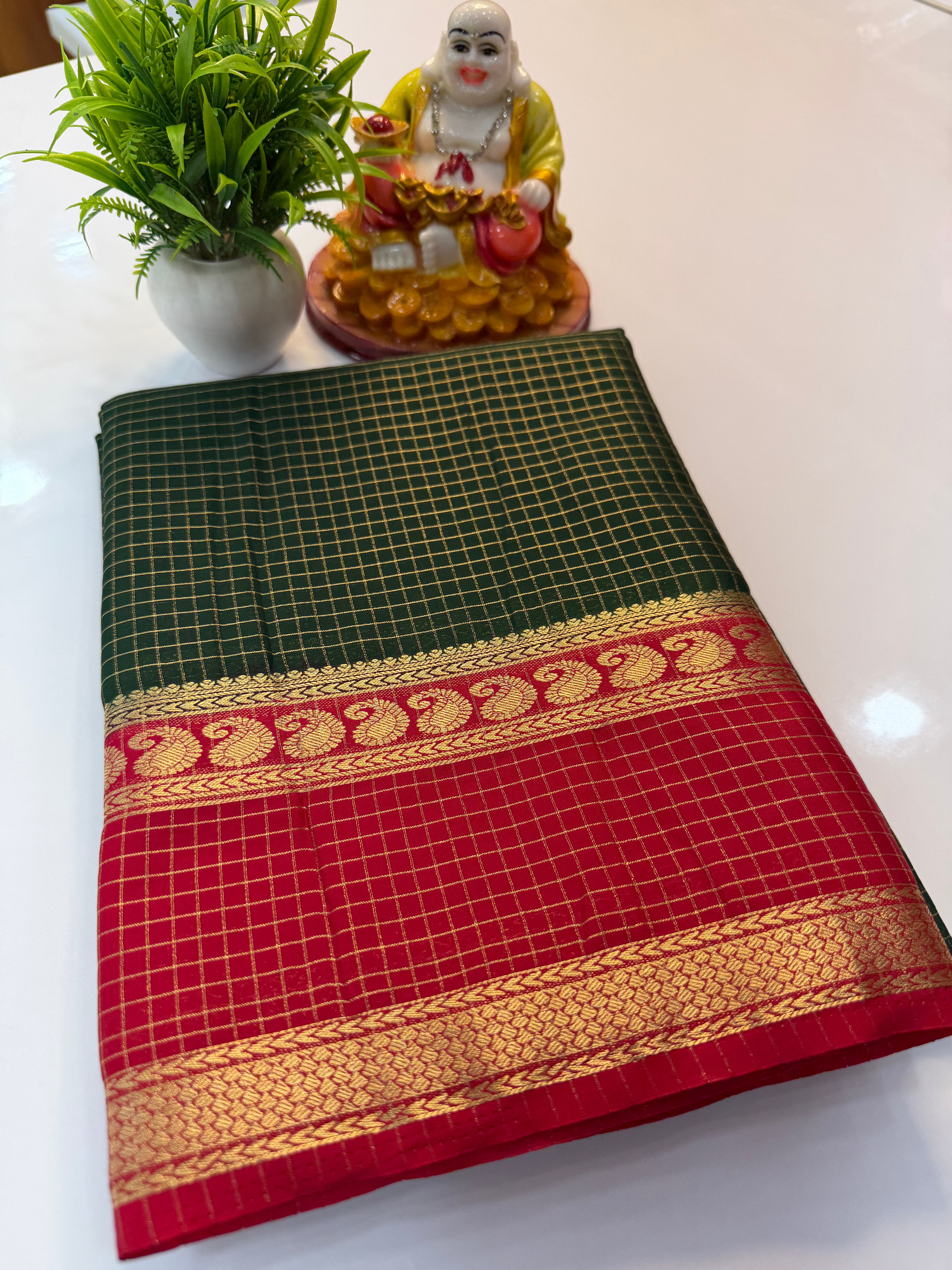 Mysore Crepe Silk Saree with Mango Bentex Border & Checks Pattern