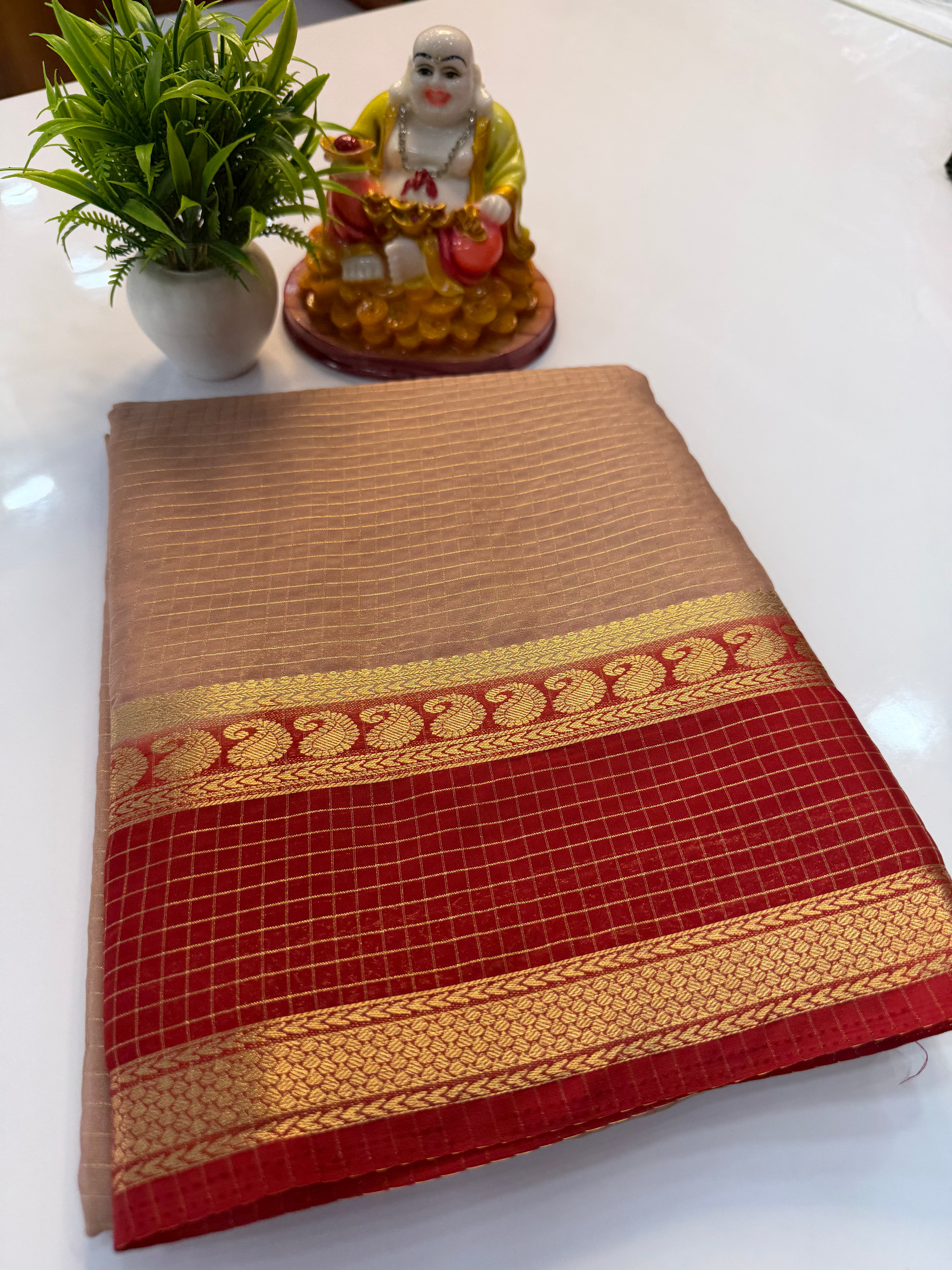 Mysore Crepe Silk Saree with Mango Bentex Border & Checks Pattern