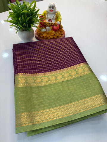 Mysore Crepe Silk Saree with Mango Bentex Border & Checks Pattern