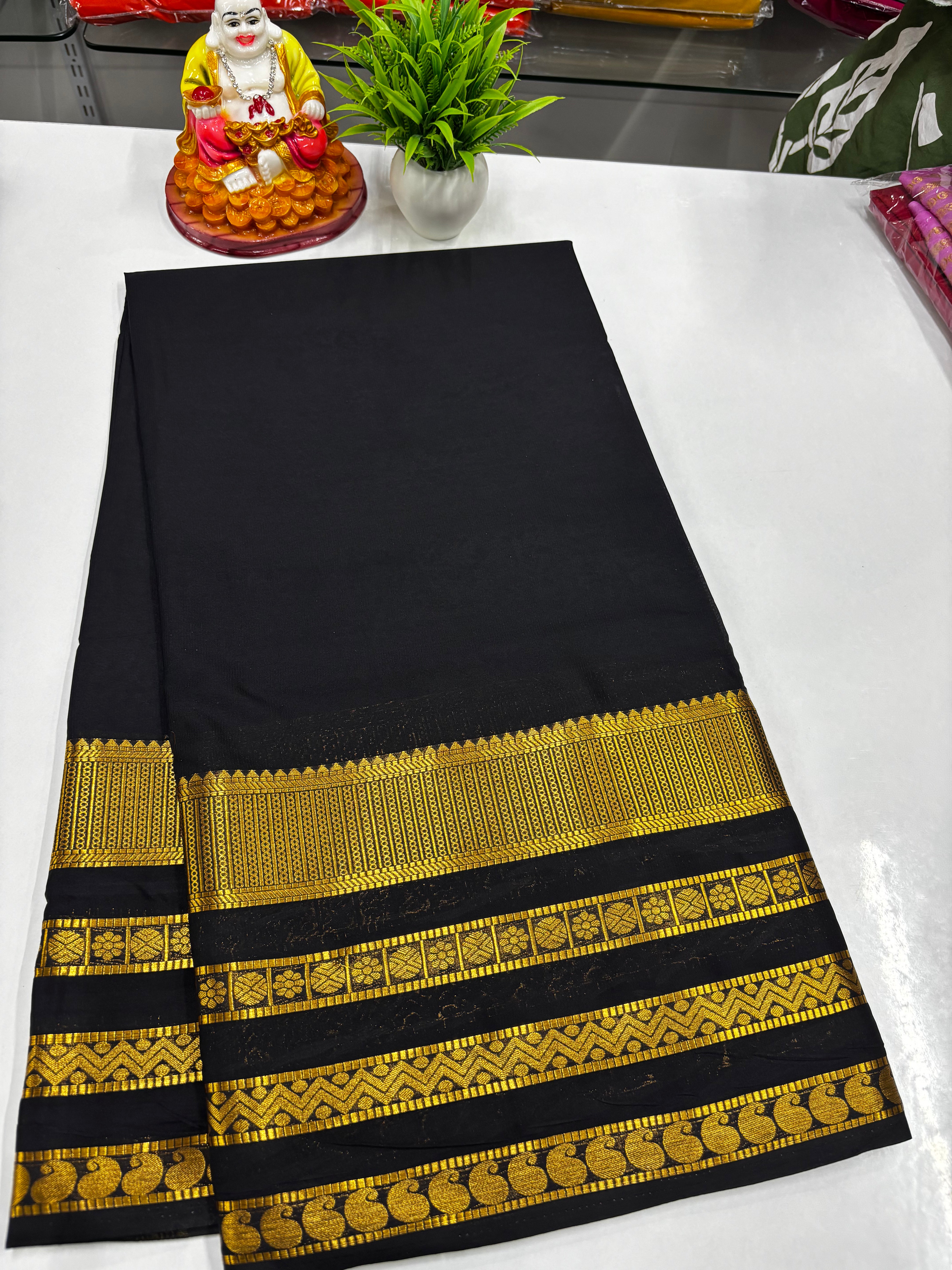 Mysore Crepe Silk Saree with Elegant Golden Zari Border – From Padmavathi Silks & Sarees ✨