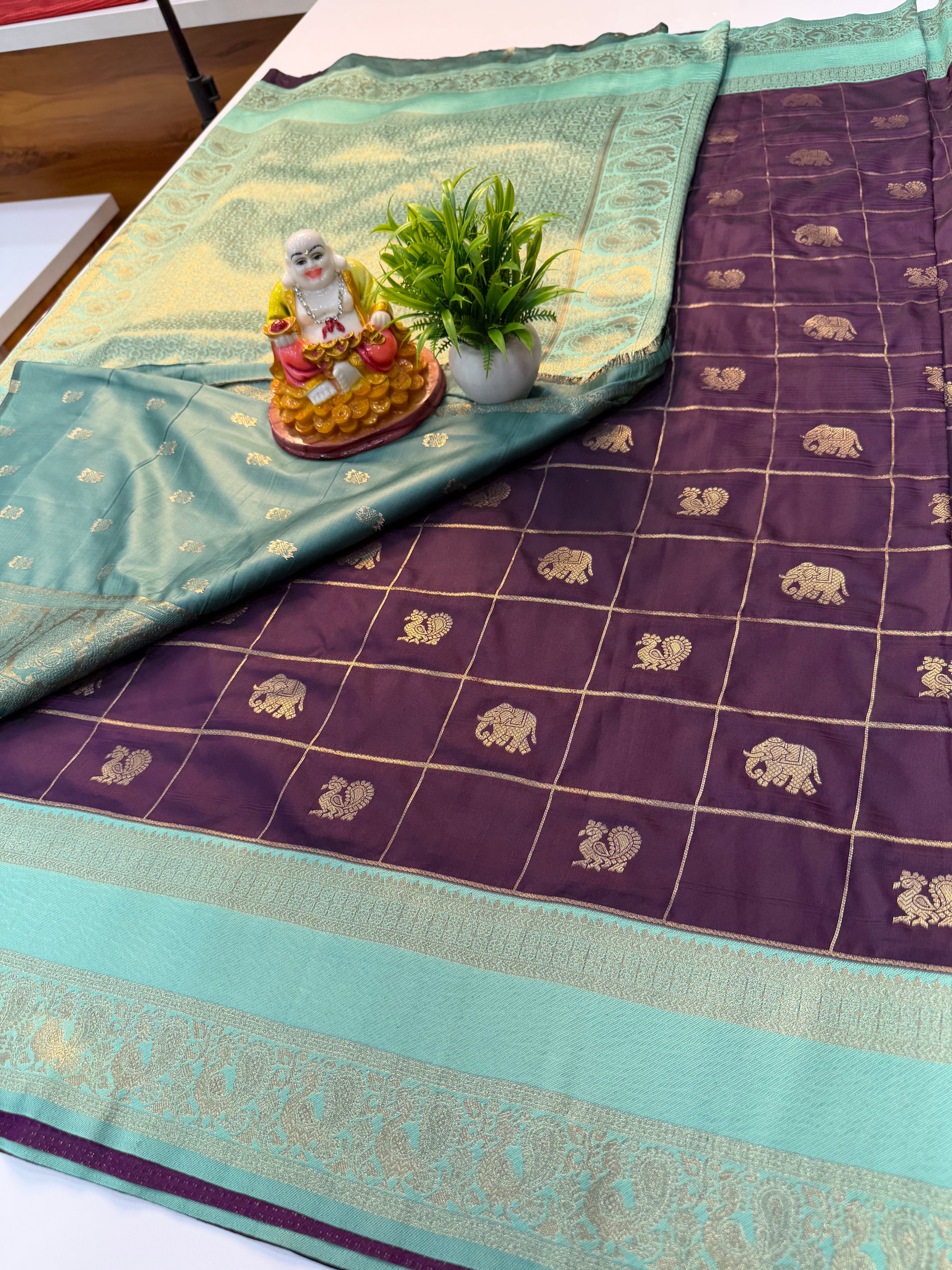 Semi Silk Saree with Checks, Peacock & Elephant Design | Rich Pallu | Butta Blouse