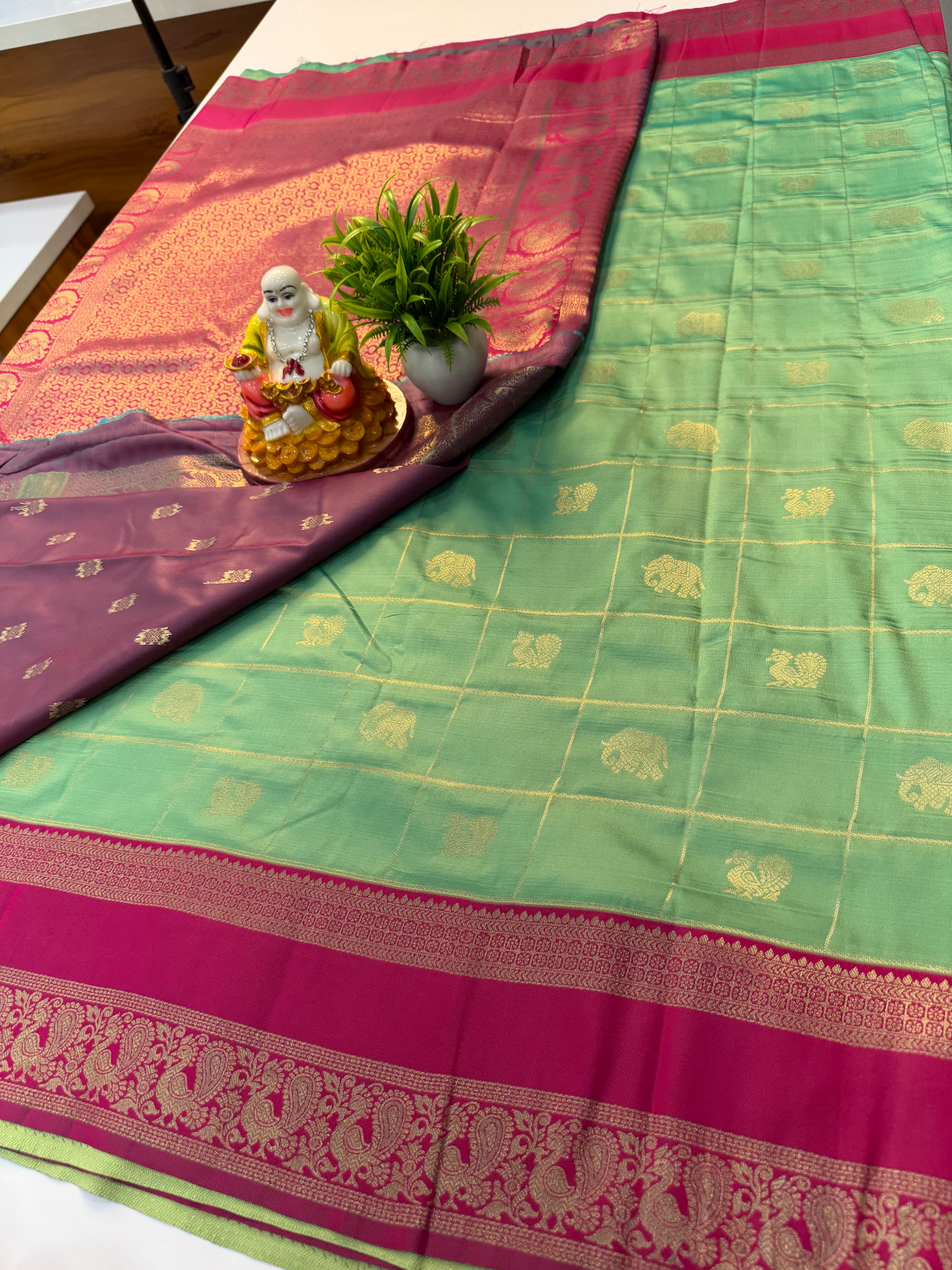 Semi Silk Saree with Checks, Peacock & Elephant Design | Rich Pallu | Butta Blouse