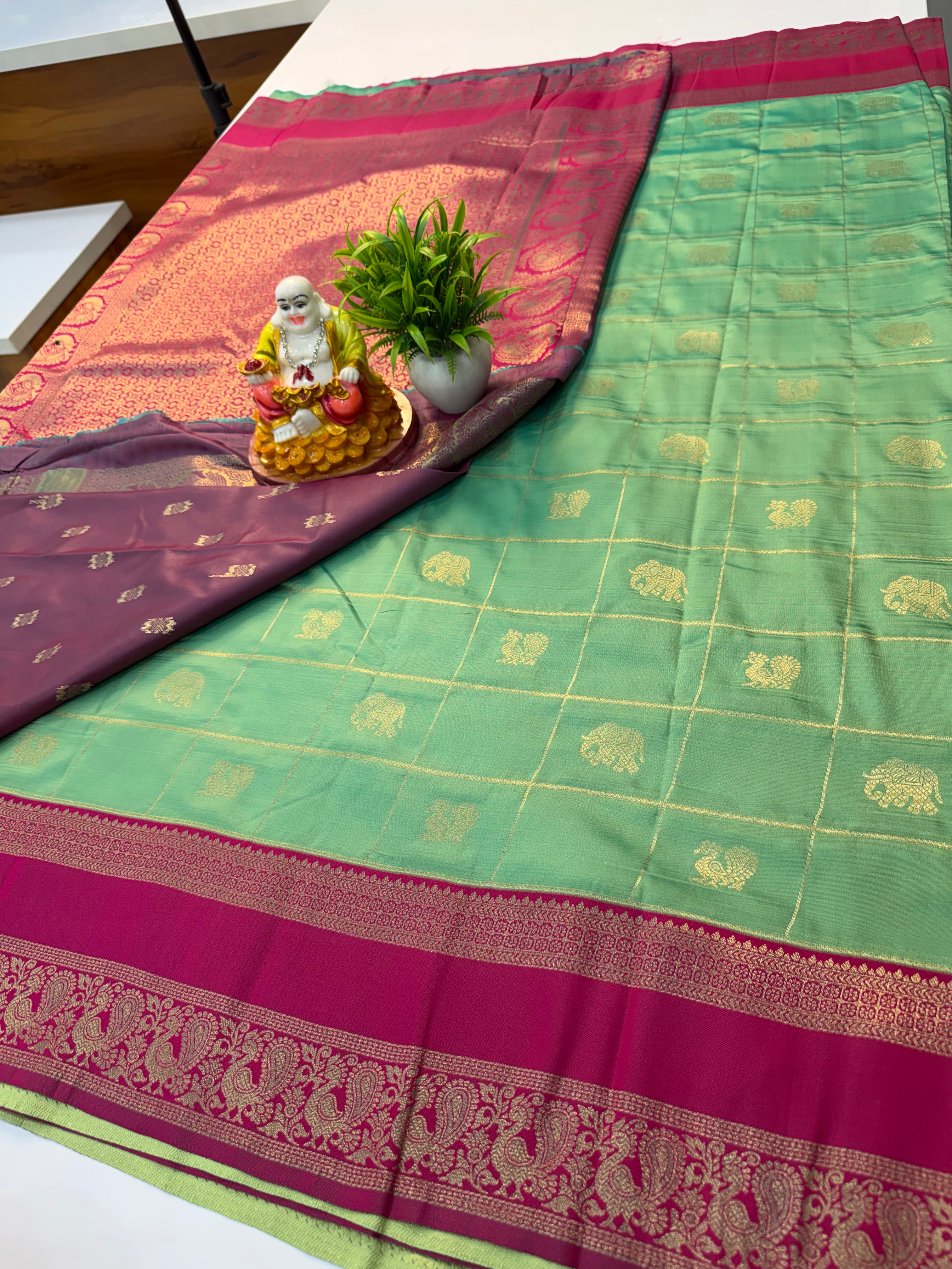 Semi Silk Saree with Checks, Peacock & Elephant Design | Rich Pallu | Butta Blouse