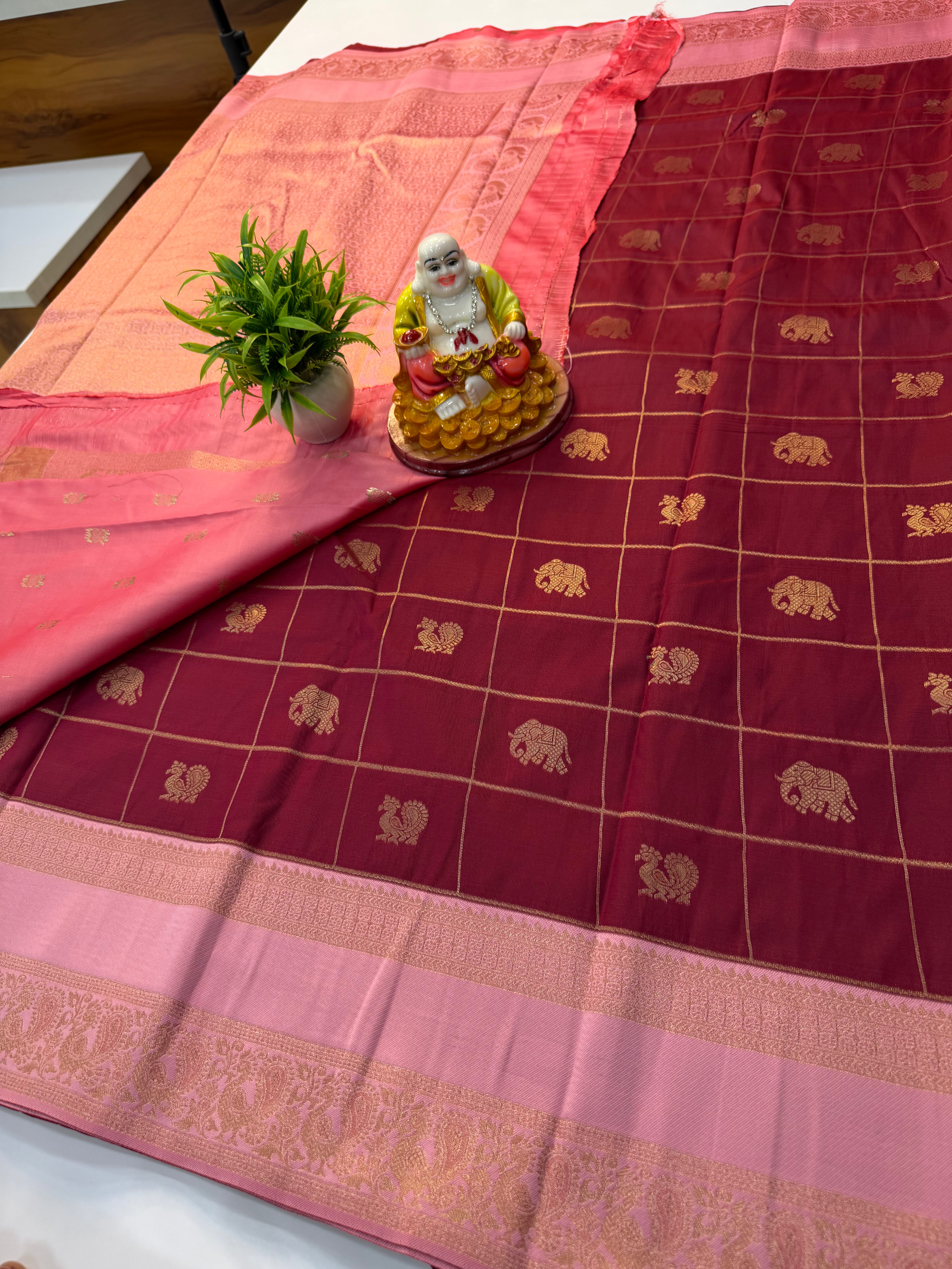 Semi Silk Saree with Checks, Peacock & Elephant Design | Rich Pallu | Butta Blouse
