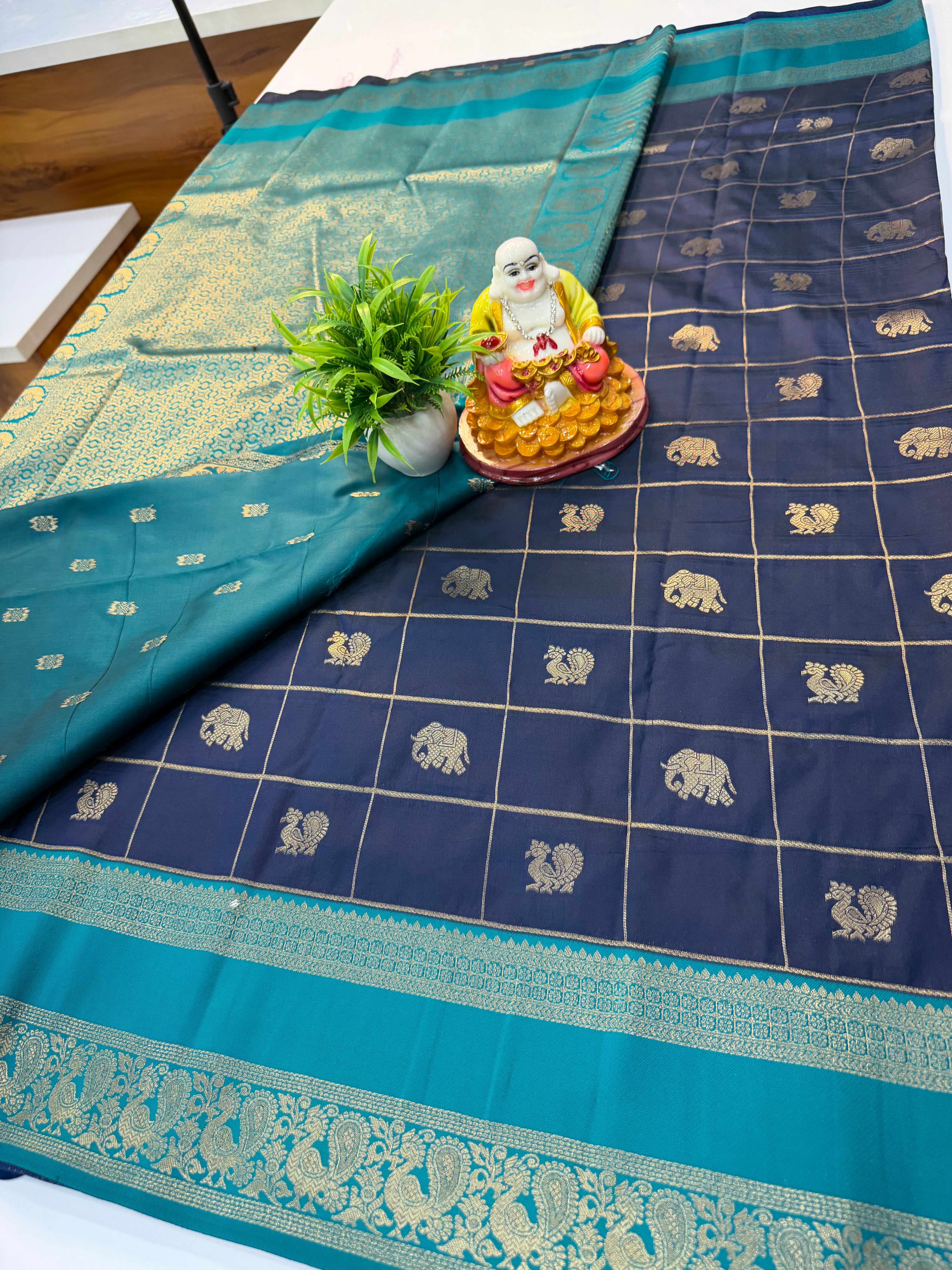 Semi Silk Saree with Checks, Peacock & Elephant Design | Rich Pallu | Butta Blouse