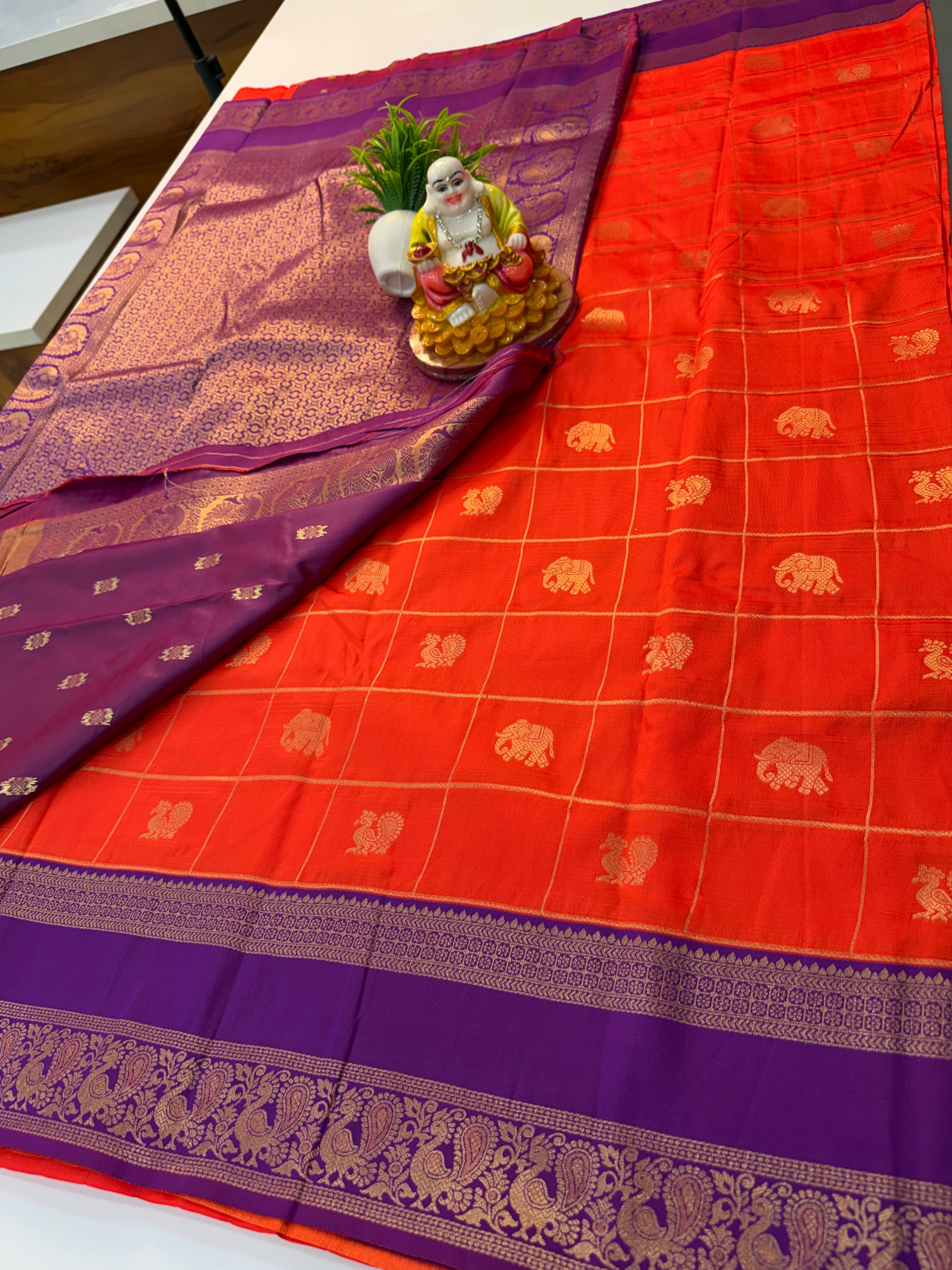 Semi Silk Saree with Checks, Peacock & Elephant Design | Rich Pallu | Butta Blouse