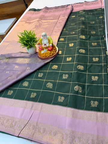 Semi Silk Saree with Checks, Peacock & Elephant Design | Rich Pallu | Butta Blouse