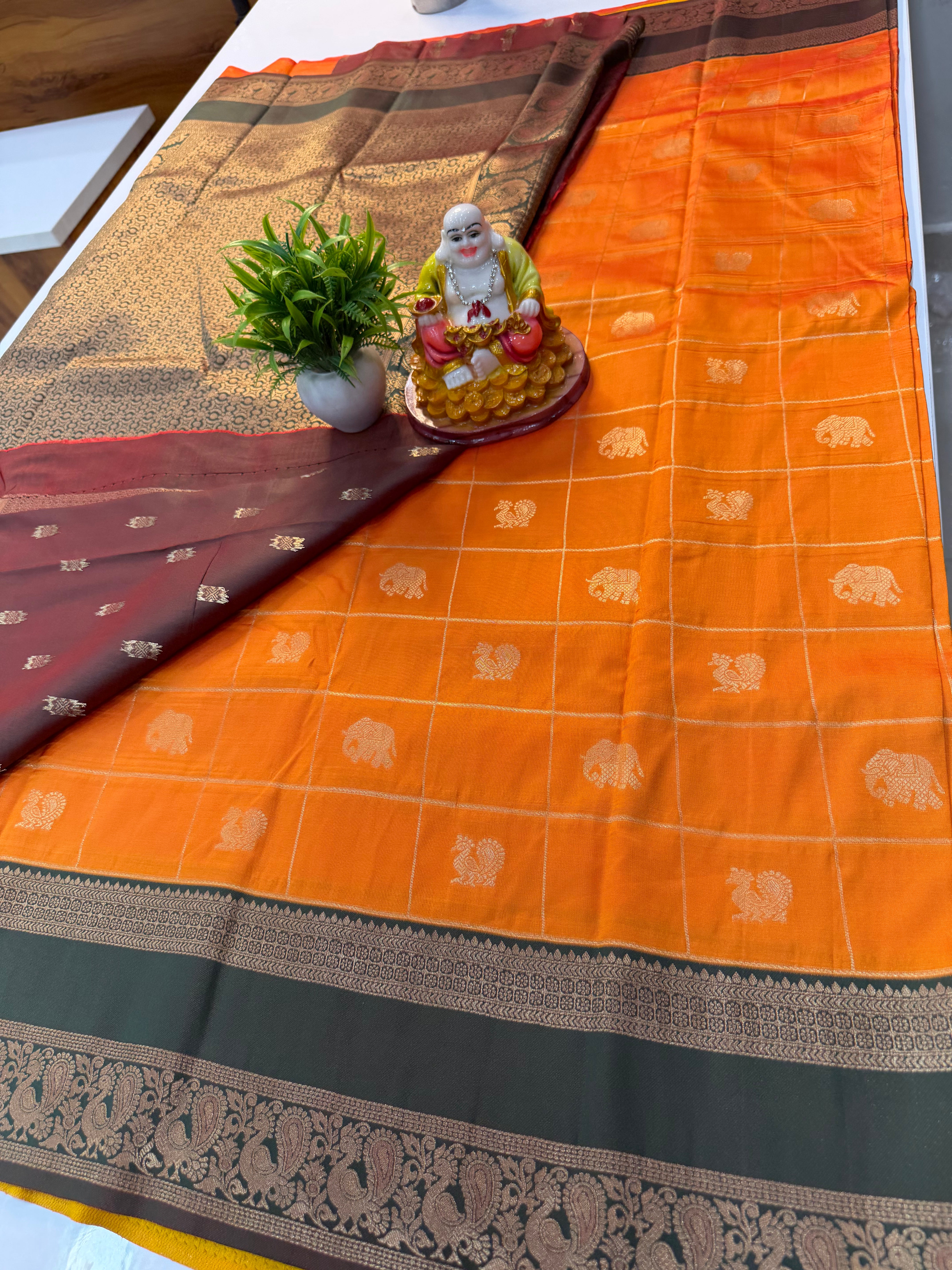 Semi Silk Saree with Checks, Peacock & Elephant Design | Rich Pallu | Butta Blouse