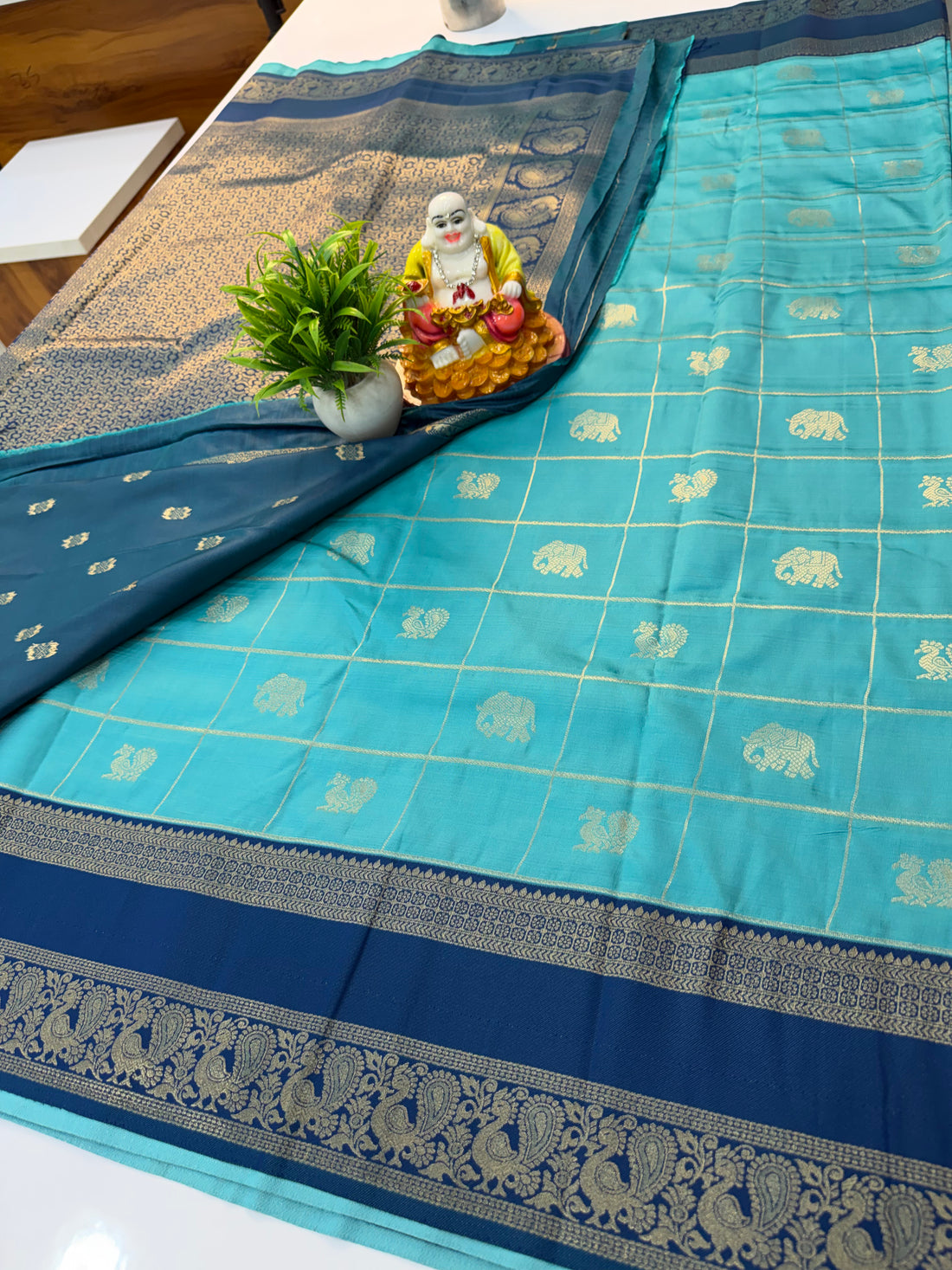 Semi Silk Saree with Checks, Peacock & Elephant Design | Rich Pallu | Butta Blouse