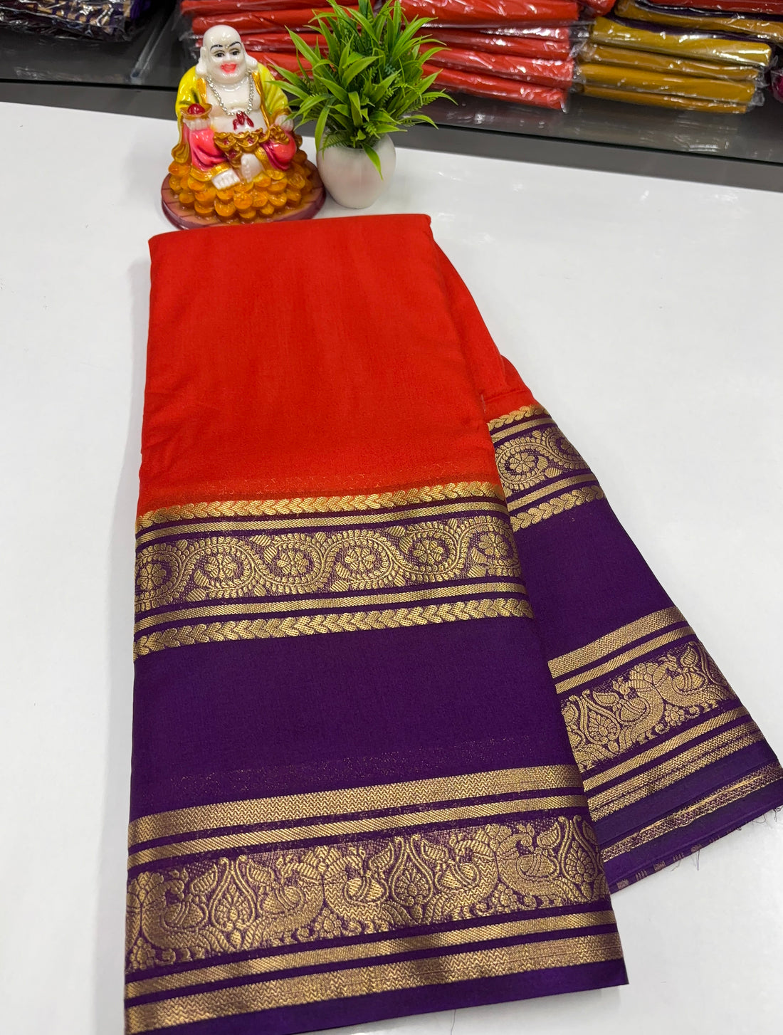 Mysore Crepe Silk Saree with Contrast Peacock Bentex Border ✨