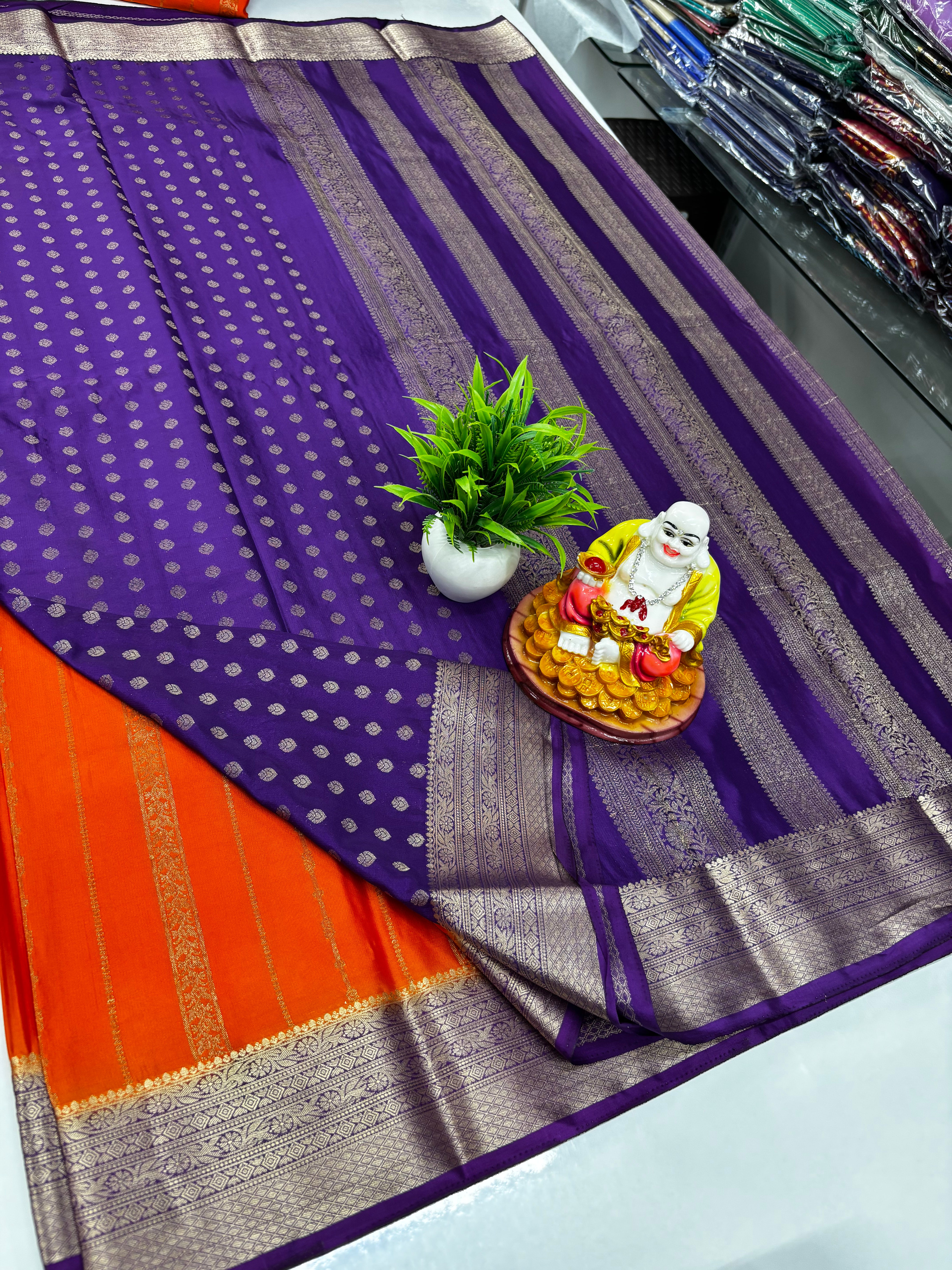 Premium Mysore Crepe Silk Saree with rich pallu and butta blouse