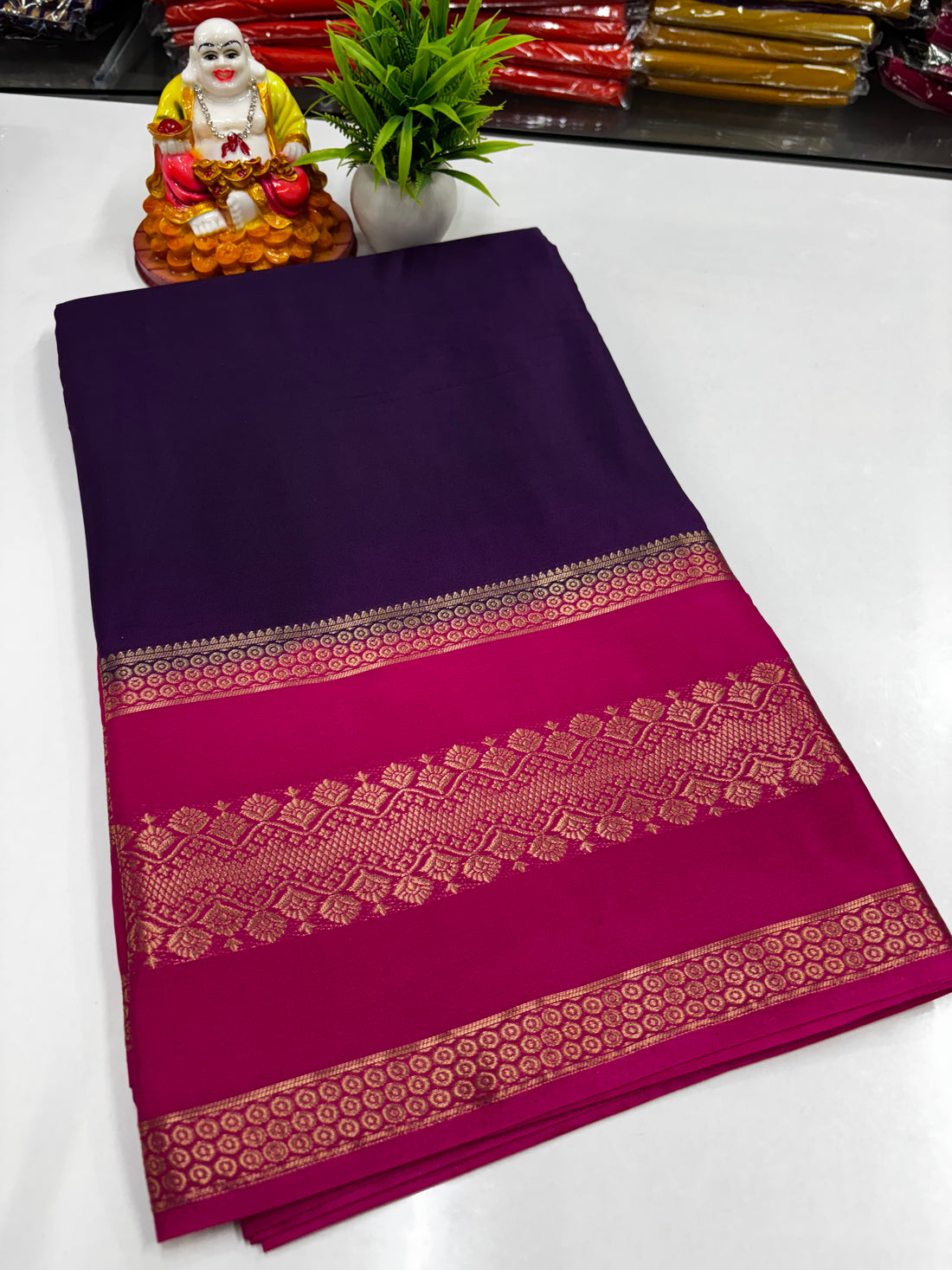 Premium Mysore Crepe Silk Saree with Contrast Border & Blouse